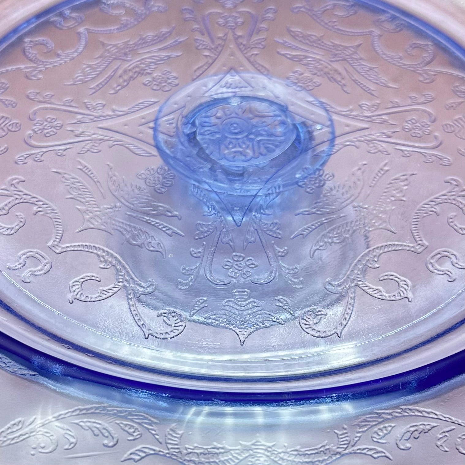 Blue Etched Glass Cake Plate