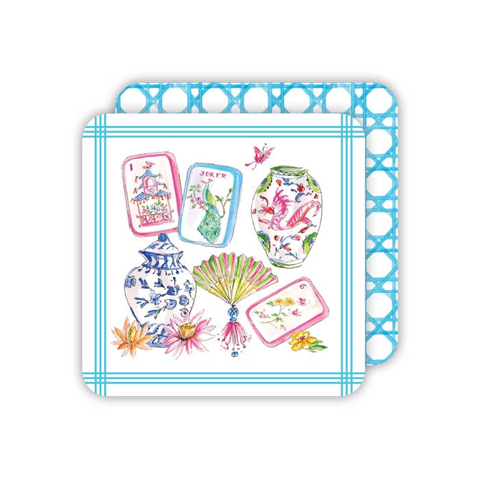 Mahjong Icons Pots Fan Tiles and Flowers Square Coaster