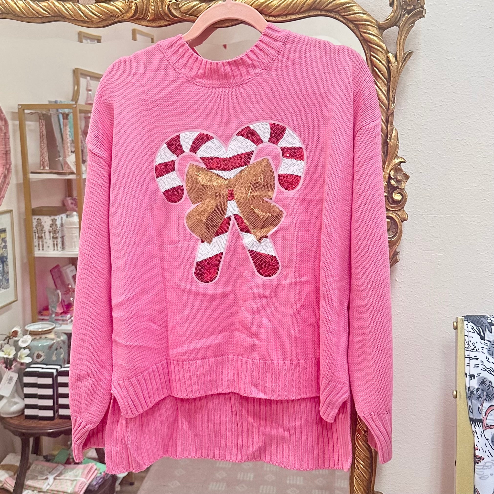 Pink Sequin Candy Cane Sweater