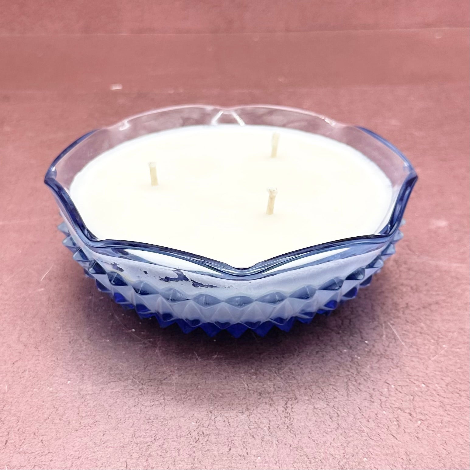 Vintage Blue Diamond Cut Glass Bowl Candle