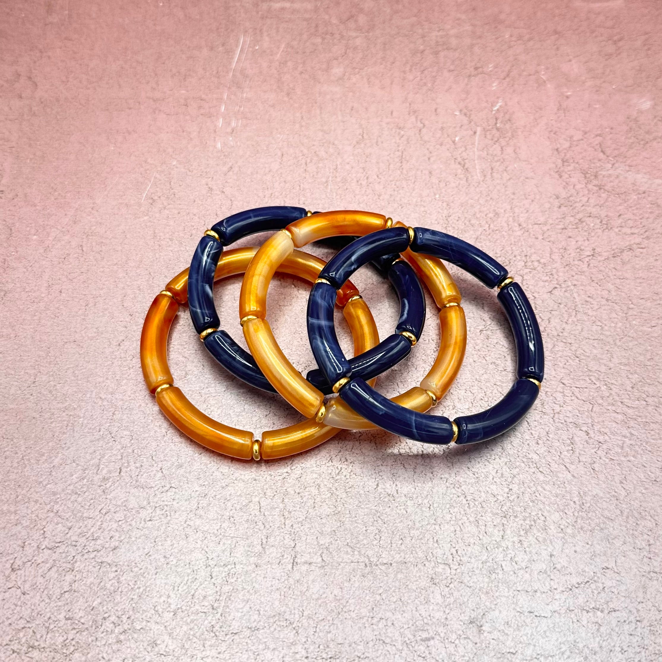 Navy & Light Orange Tube Stretch Bracelet Stack