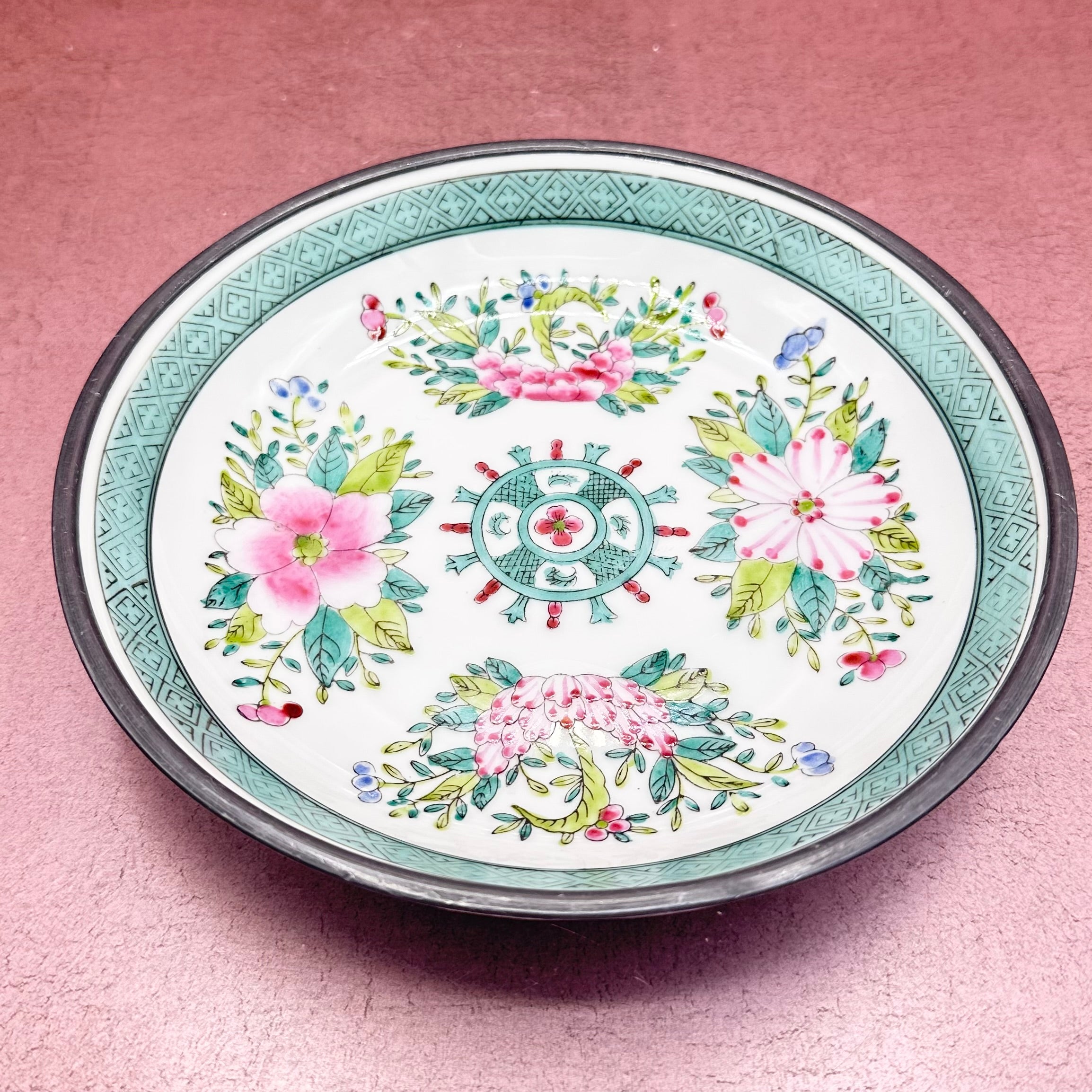 Aqua & Pink Floral Porcelain Encased Bowl