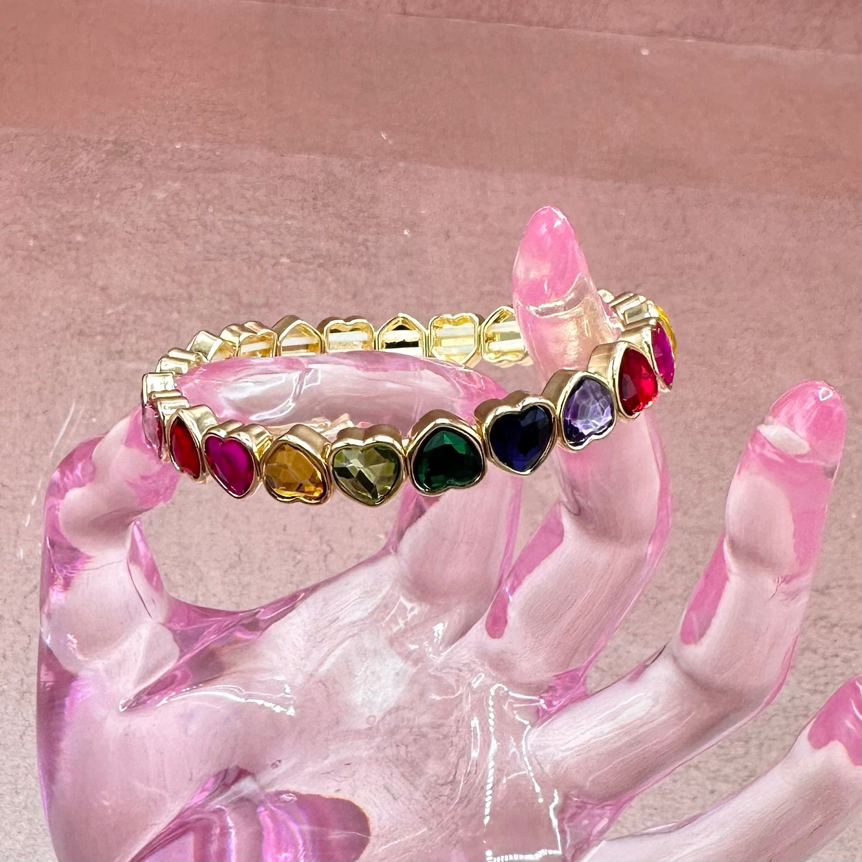 Rainbow Heart Rhinestone Stretch Bracelet