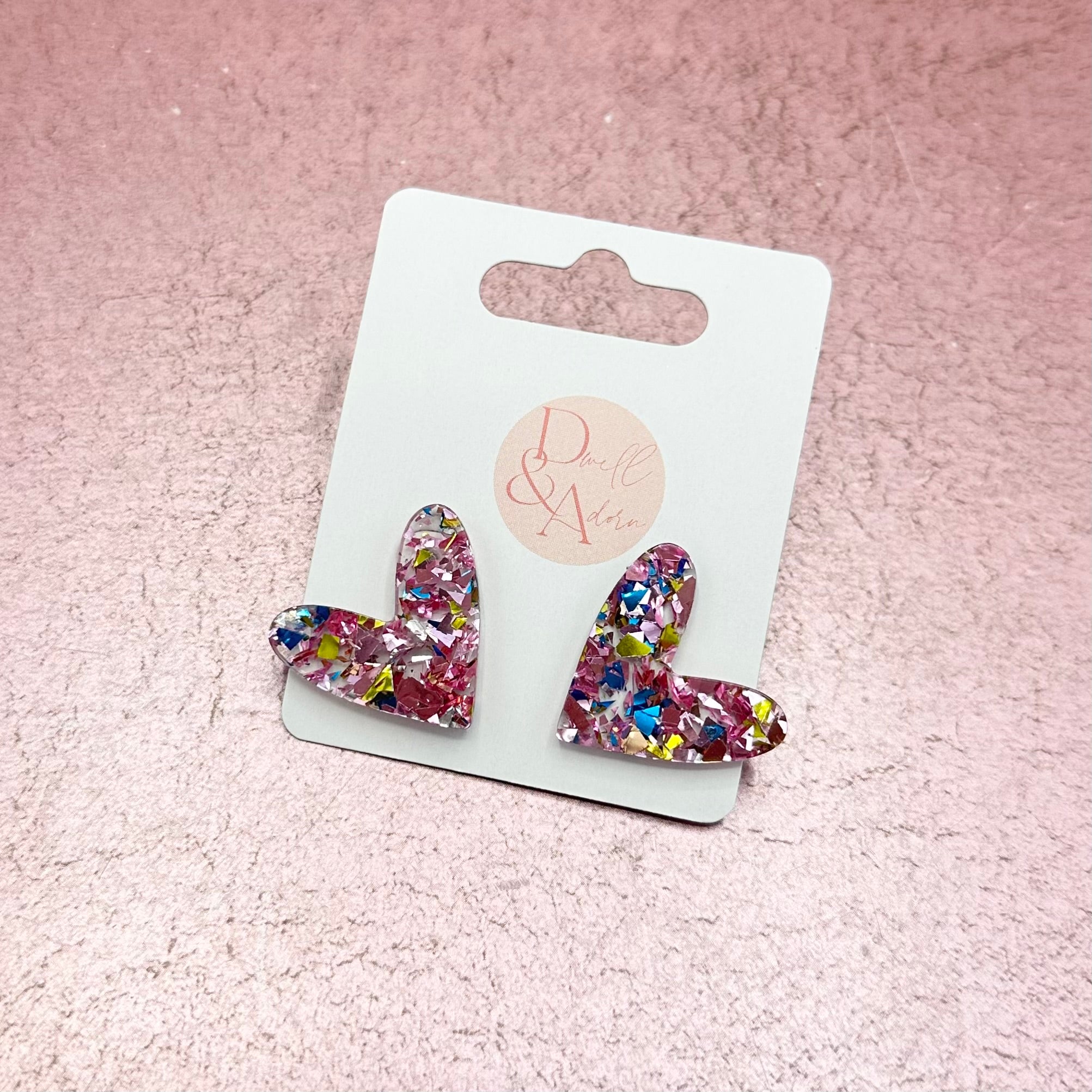 Acrylic Pink Confetti Heart Stud Earrings