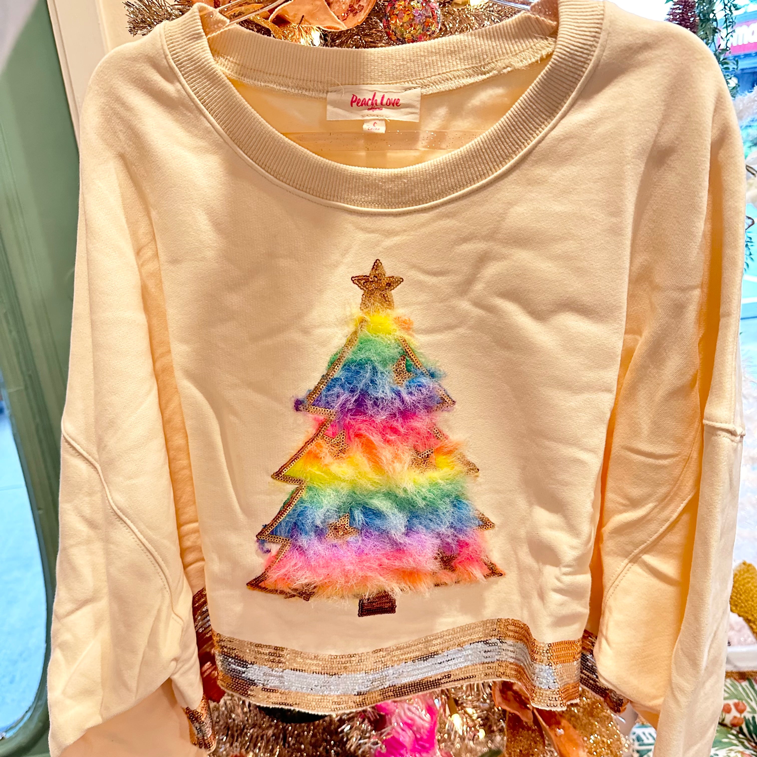 Sequin Outline Faux Fur Christmas Tree Sweatshirt Cream/Gold