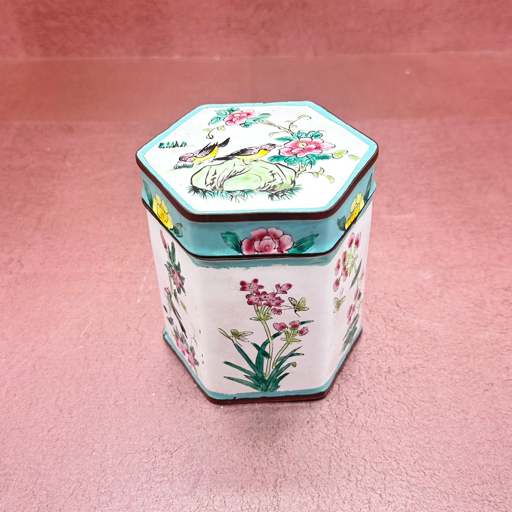 Cloisonné Lidded Floral Canister Aqua & White