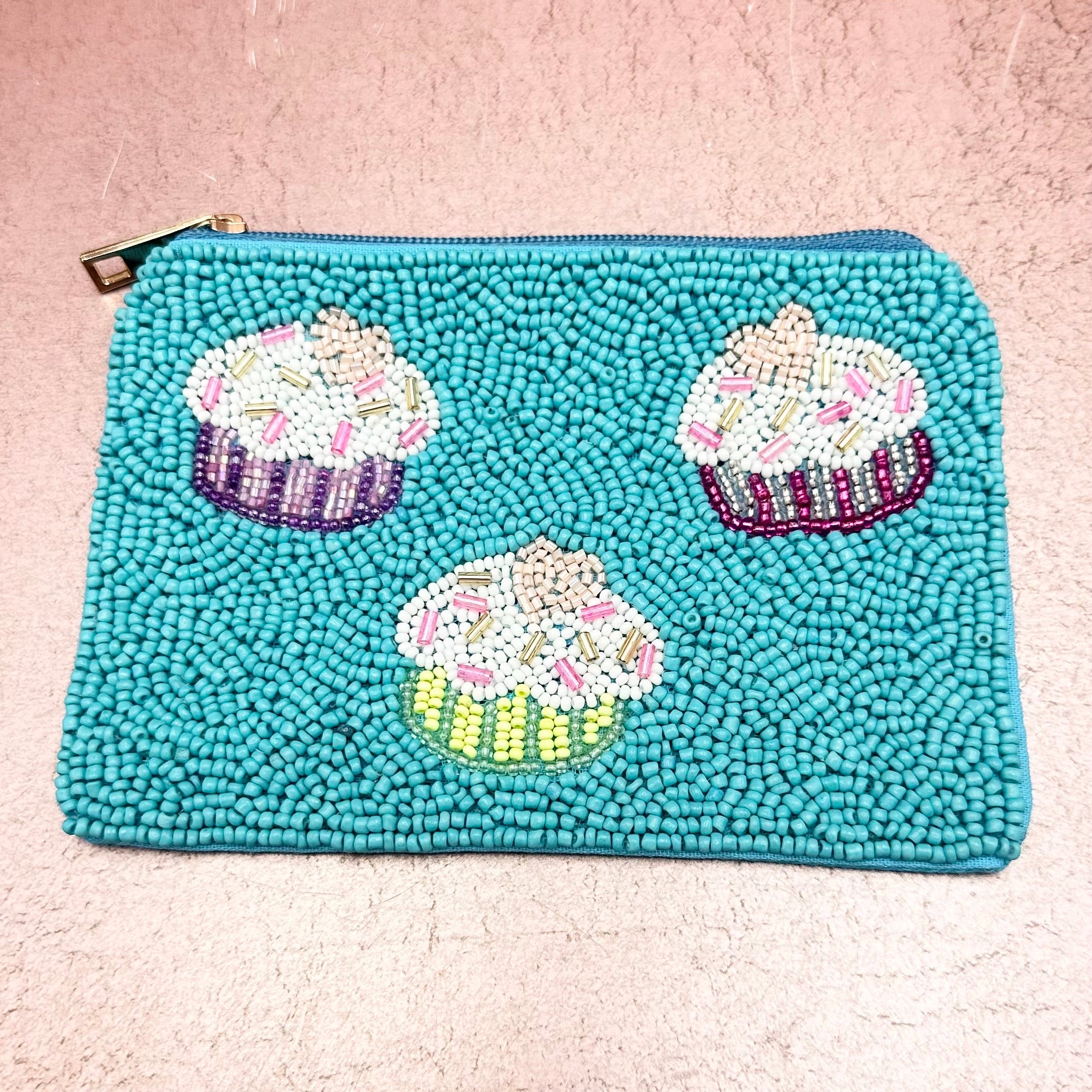 Aqua Cupcake Beaded Coin Purse