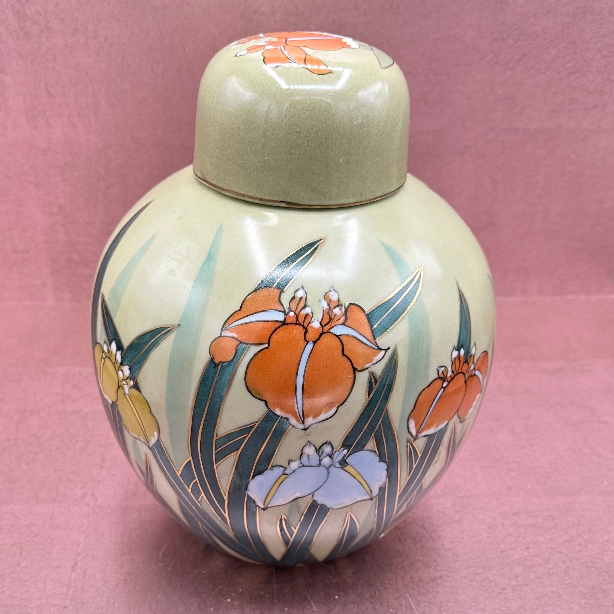 Large MCM Green Ginger Jar Lillies