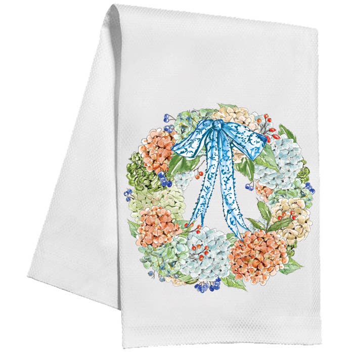 Hydrangea Wreath with Blue Bow Kitchen Towel