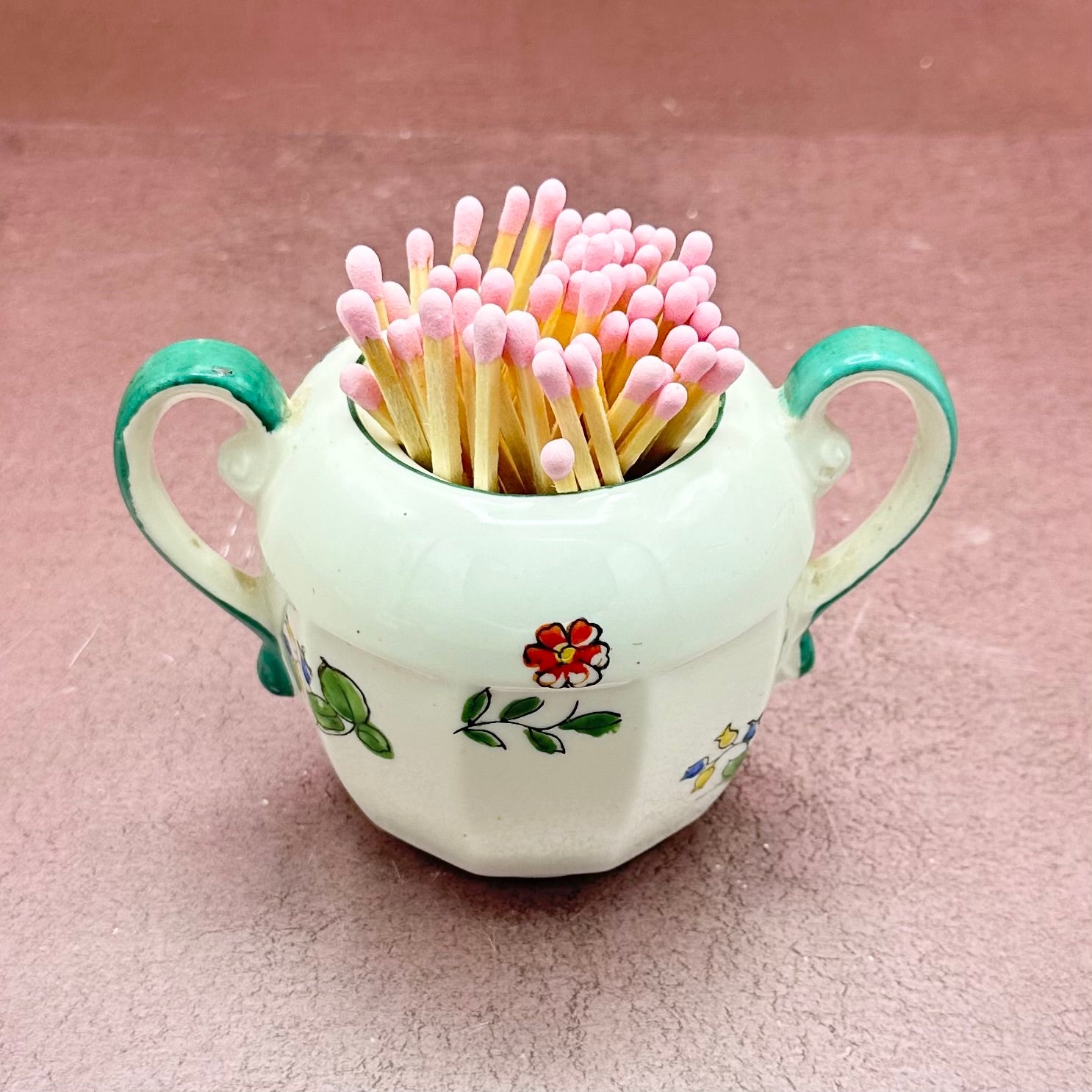 Floral Aqua Handled Sugar Bowl Matchstriker