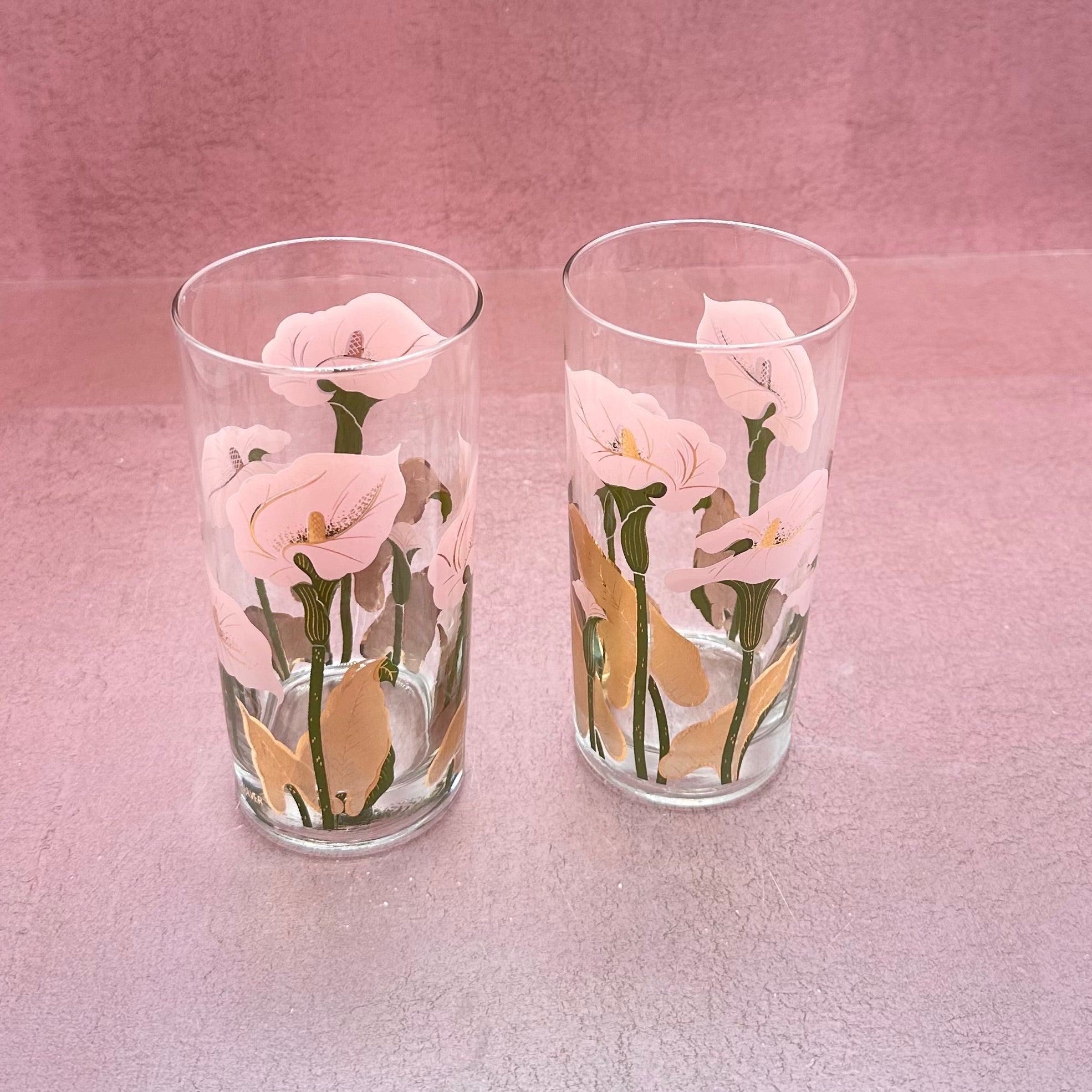 Vintage Culver 22K Gold Calla Lily High Ball Glasses