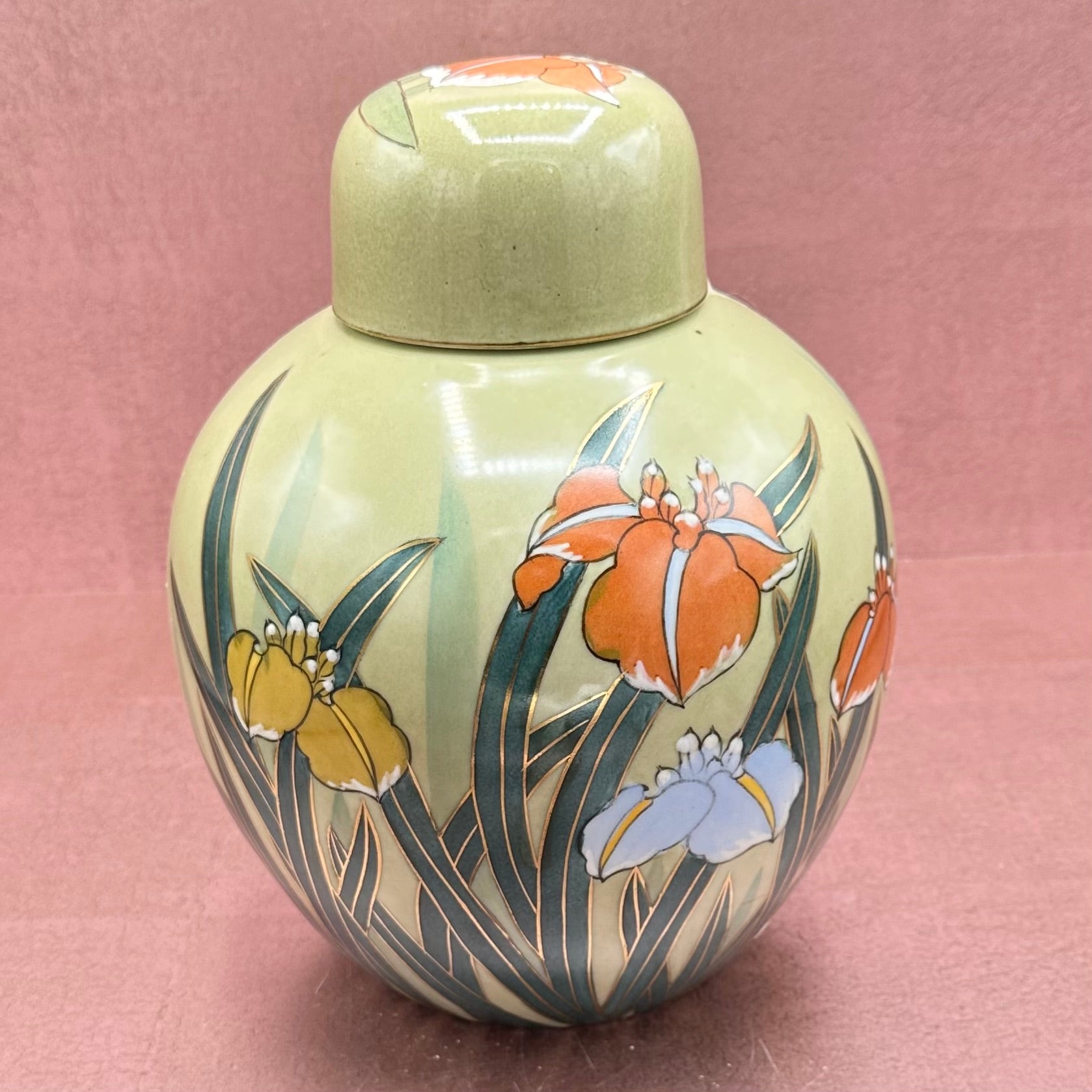 Large MCM Green Ginger Jar Lillies