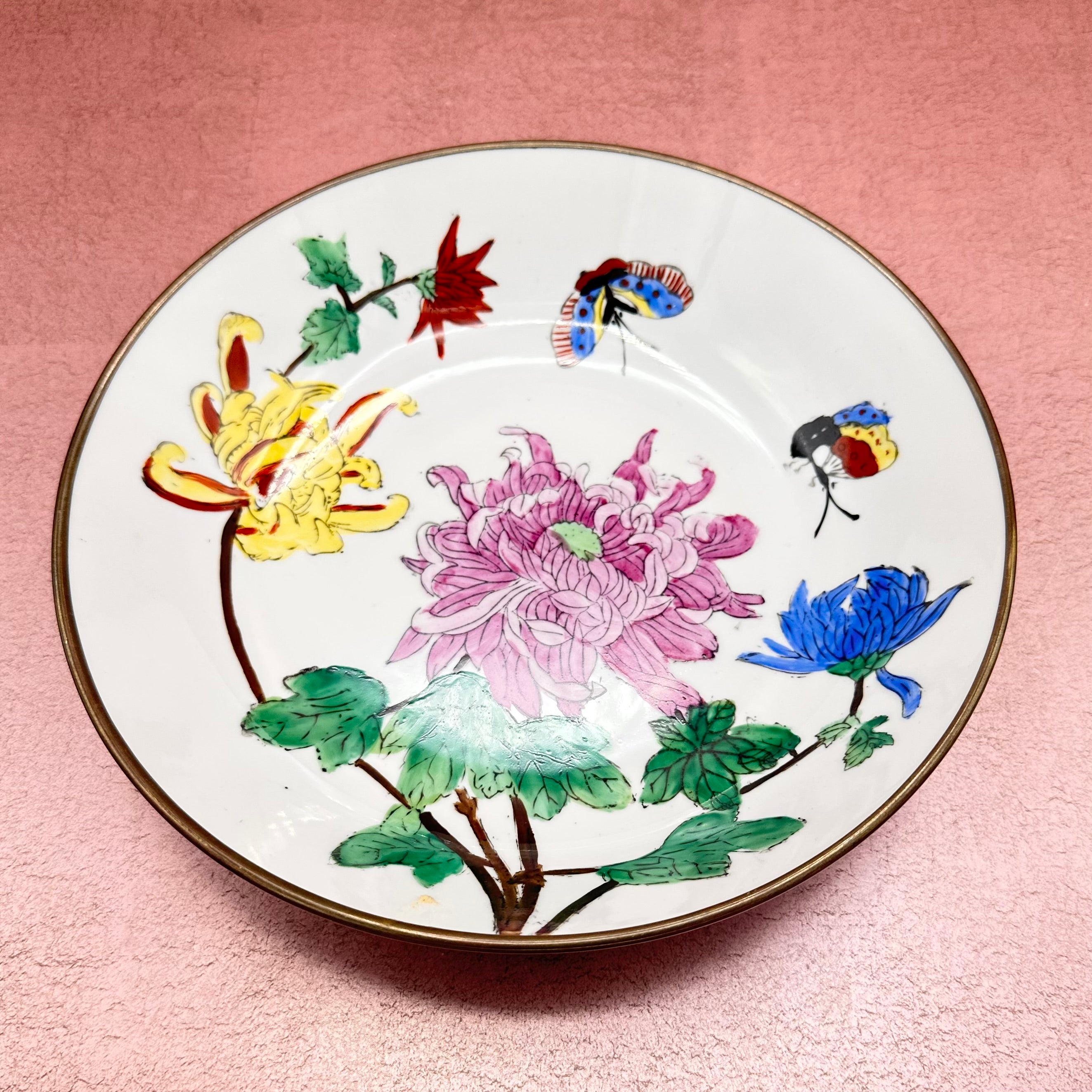 Vintage Ceramic Brass Bottom Bowl Butterflies