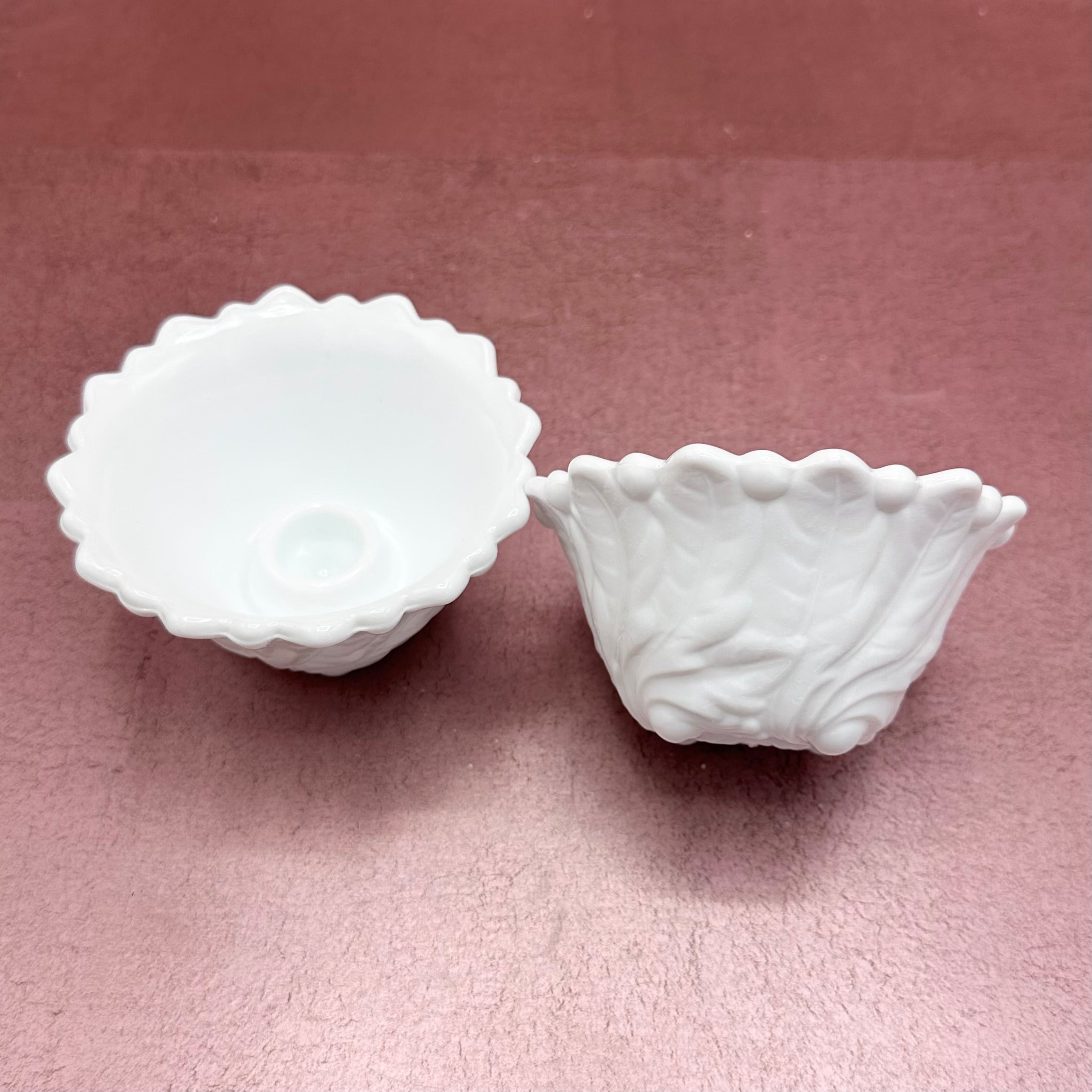 Milk Glass Leaf Pattern Candle Holder Pair