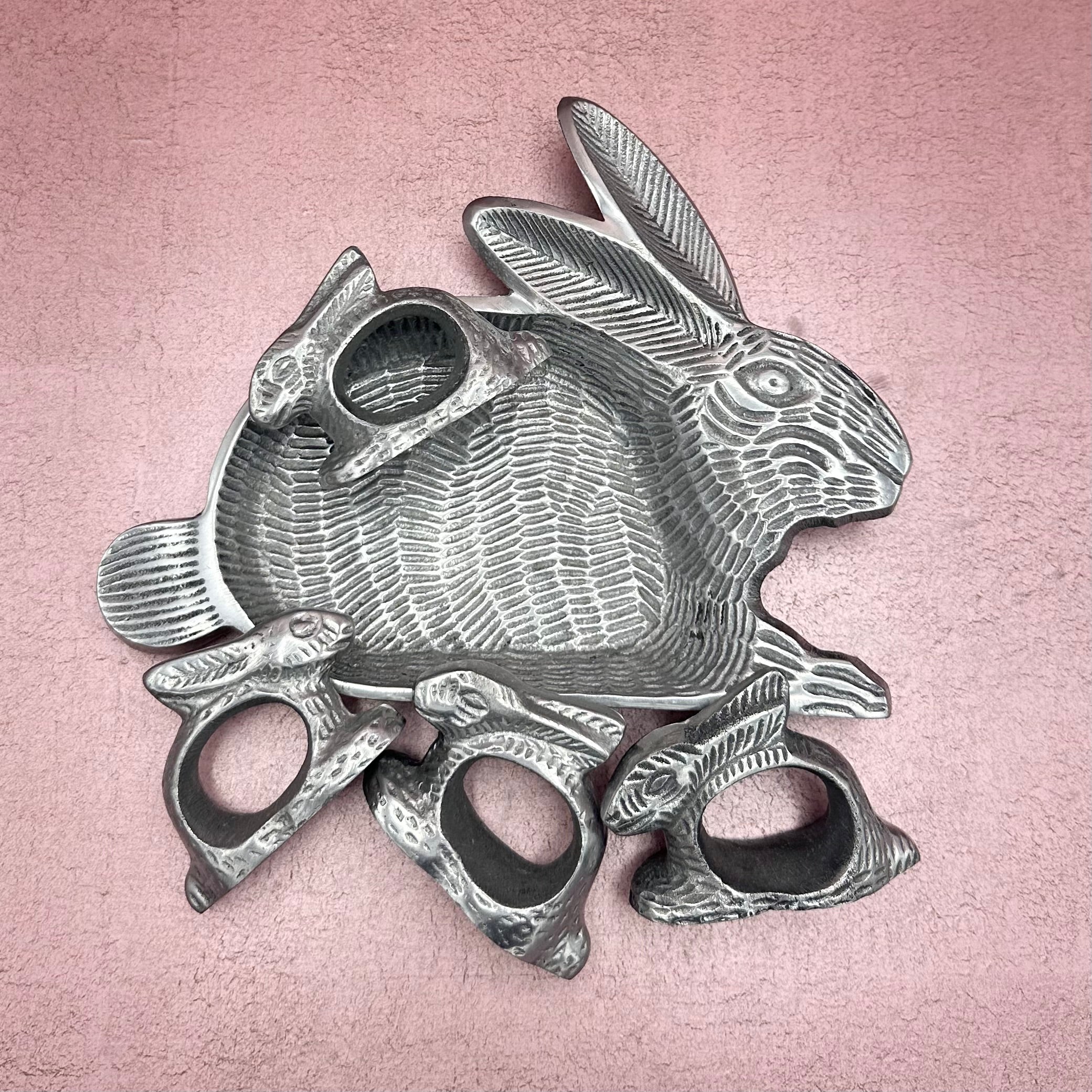 Vintage Metal Bunny Dish & Napkin Rings