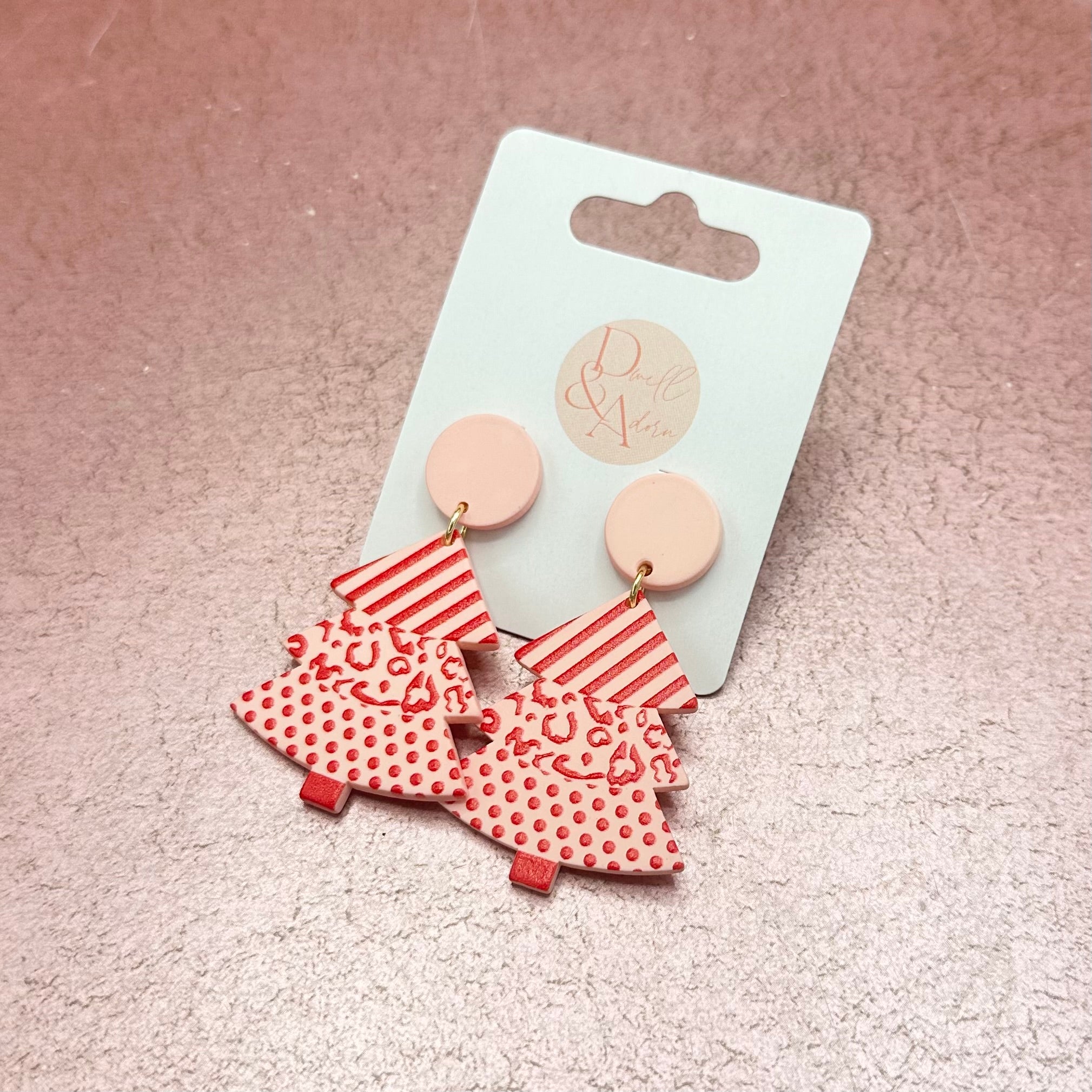 Red & Pink Patterned Christmas Tree Earrings