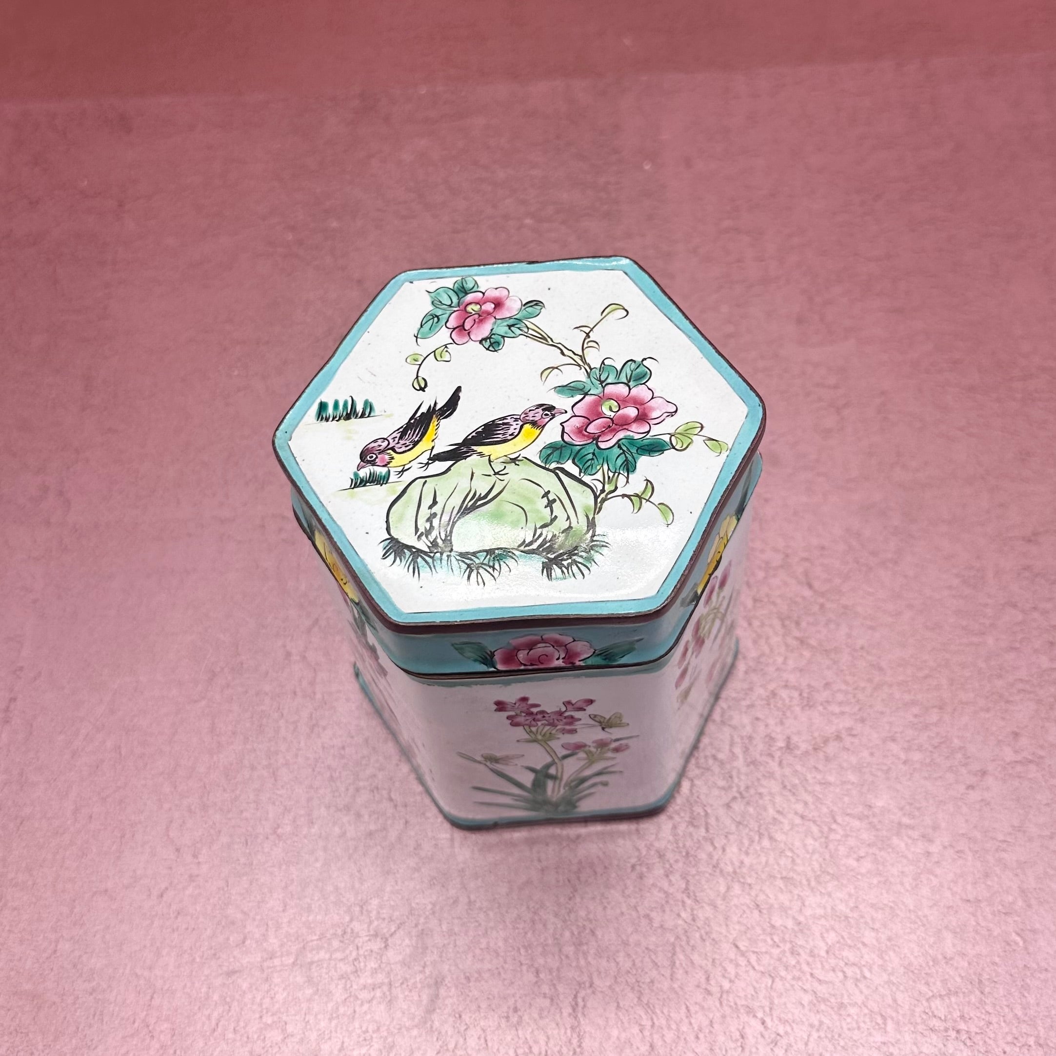 Cloisonné Lidded Floral Canister Aqua & White
