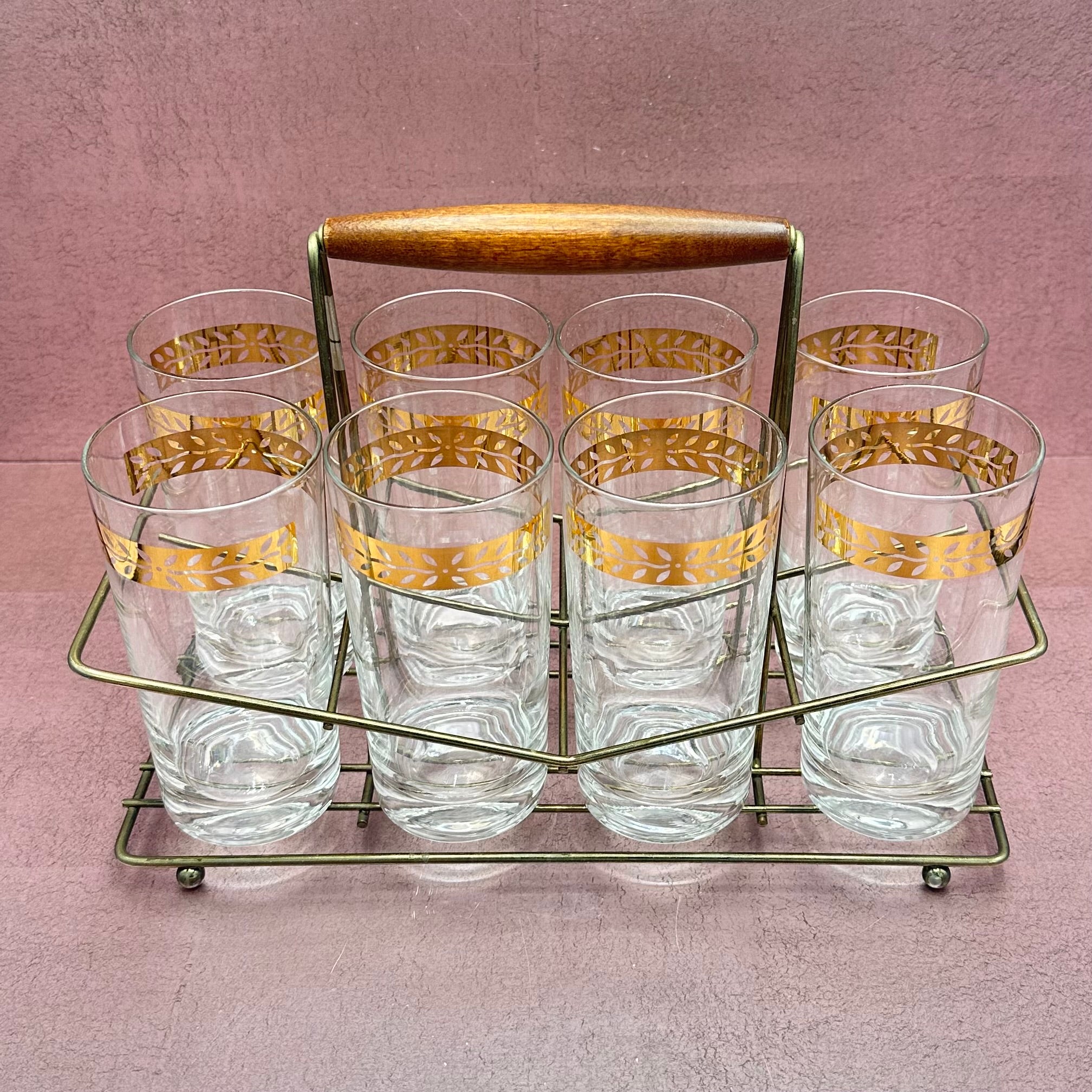 Set of 8 Federal Glass Company Highball Glasses in Caddy
