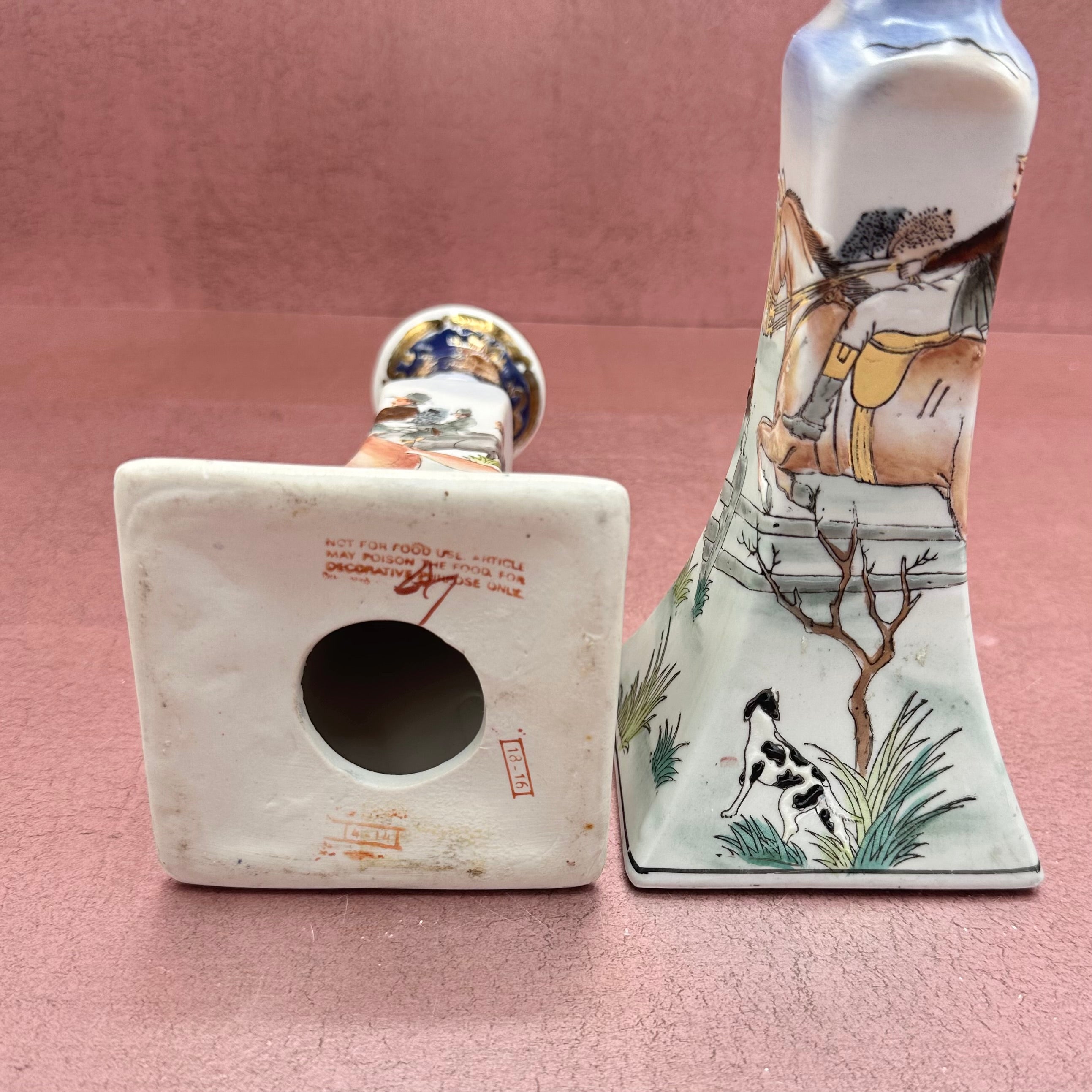 Vintage Fox Hunt Porcelain Candlestick Pair