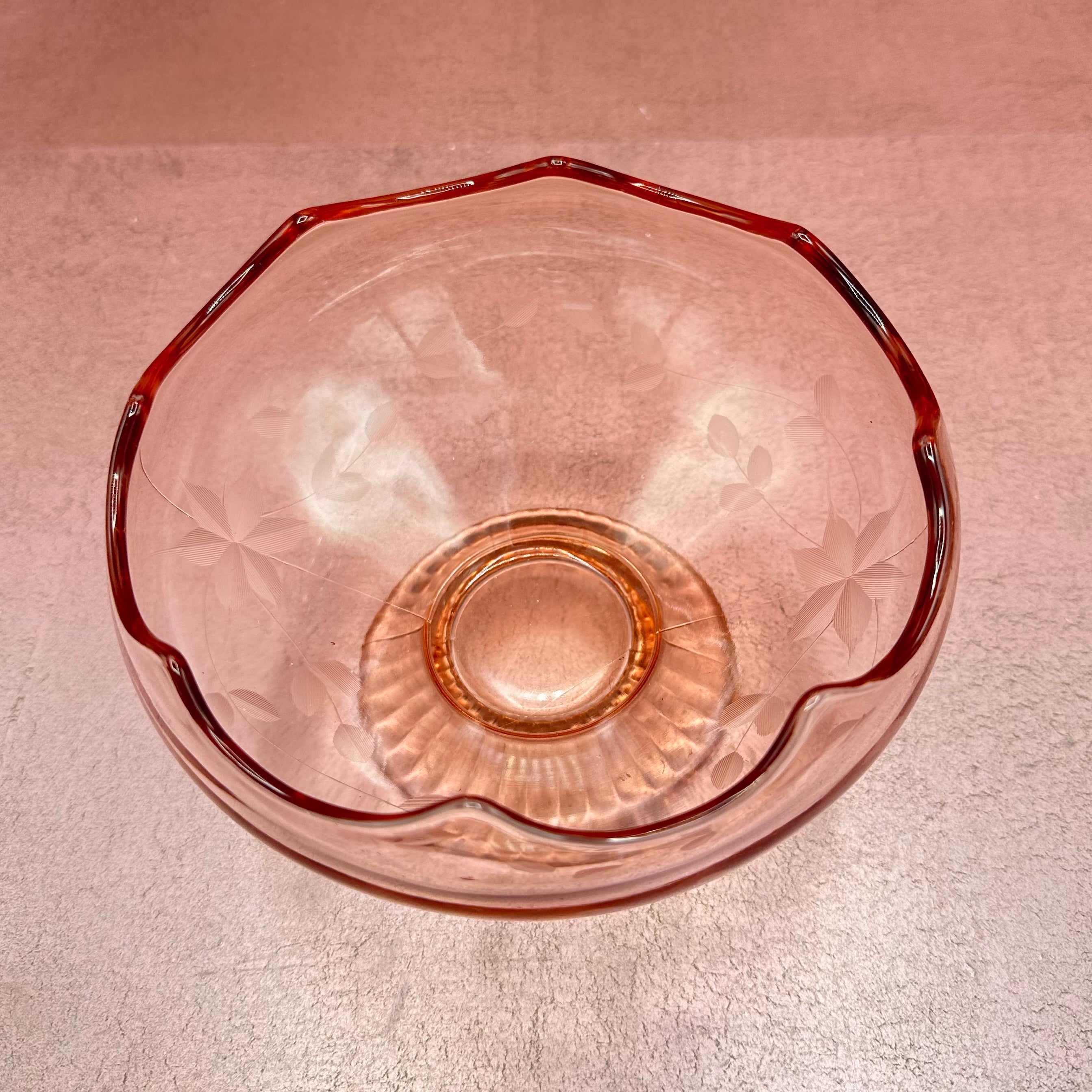 Pink Depression Glass Etched Pedestal Bowl