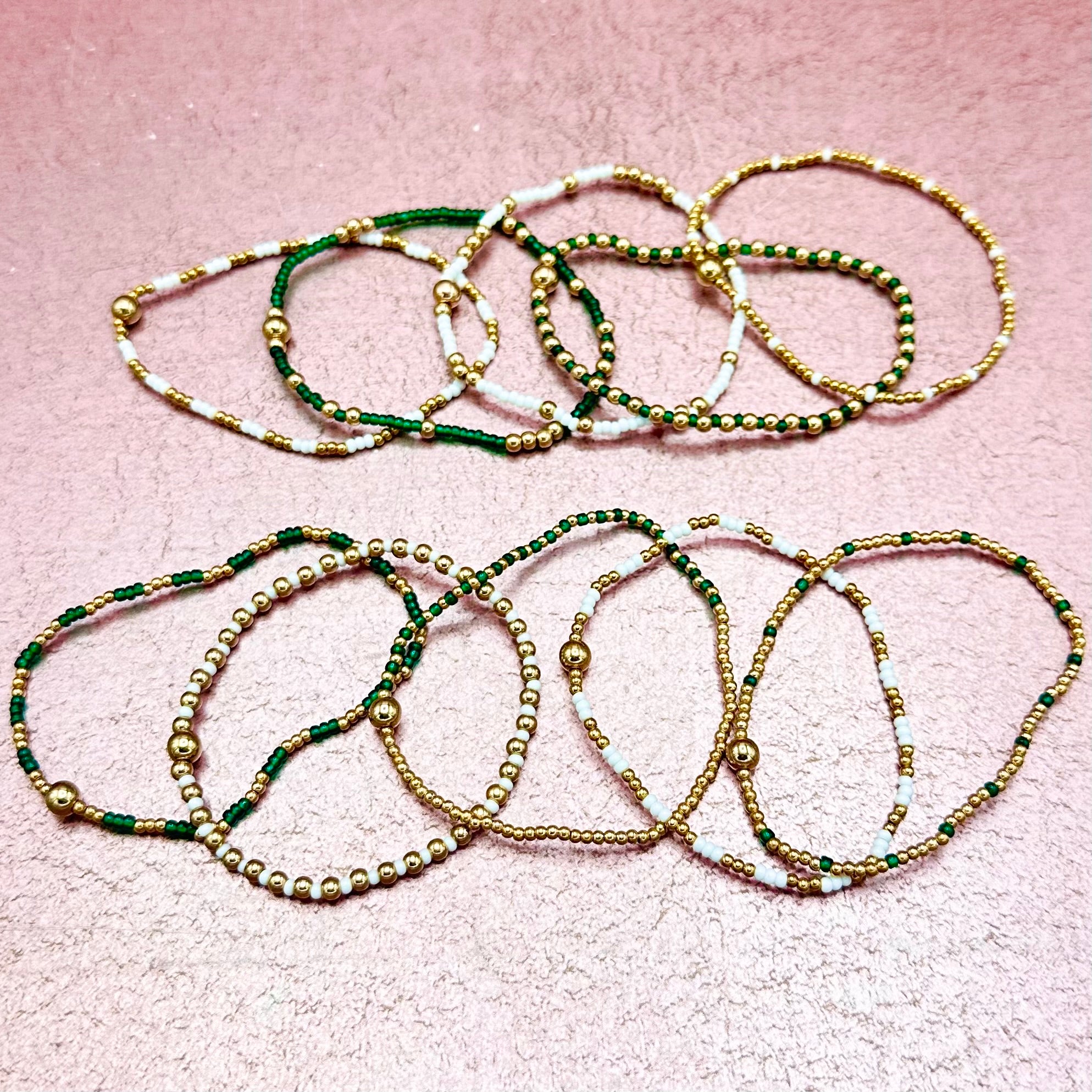 Green White & Gold Beaded Bracelet Stack