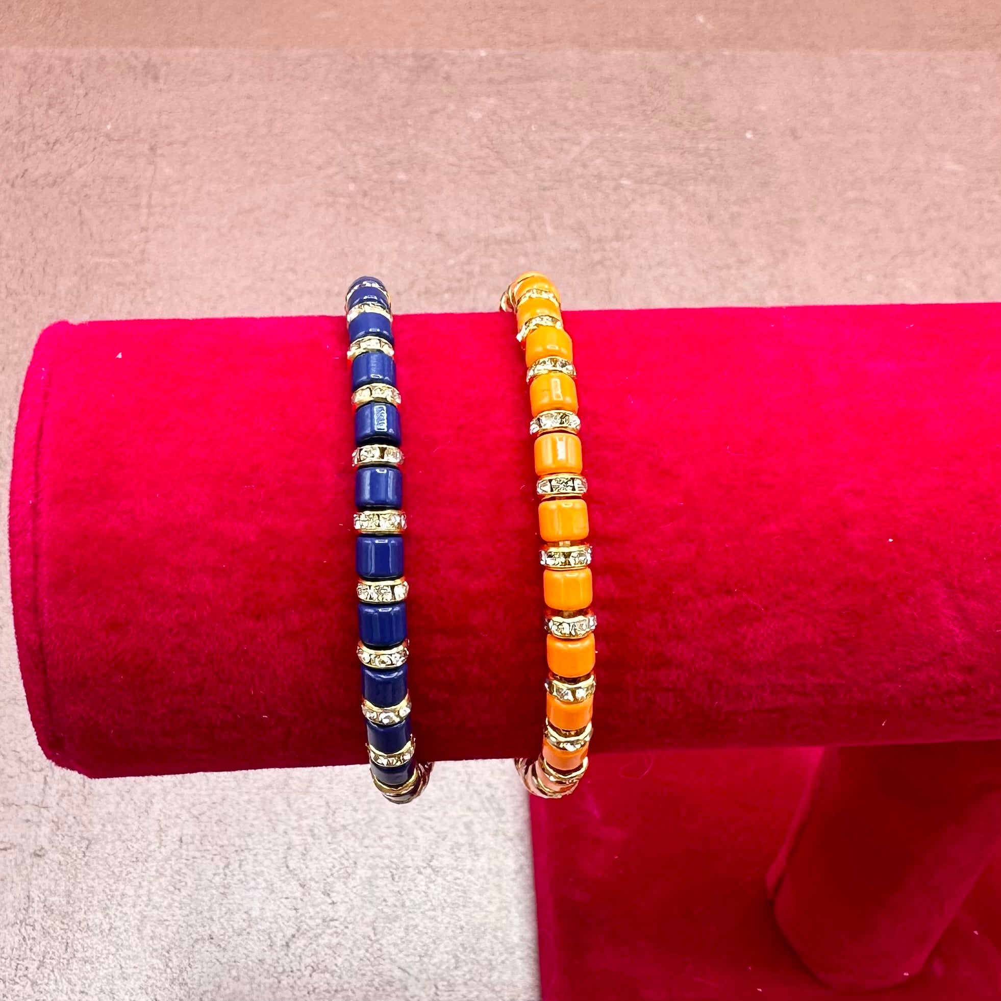 Navy & Orange Bead Rhinestone Bracelet Stack