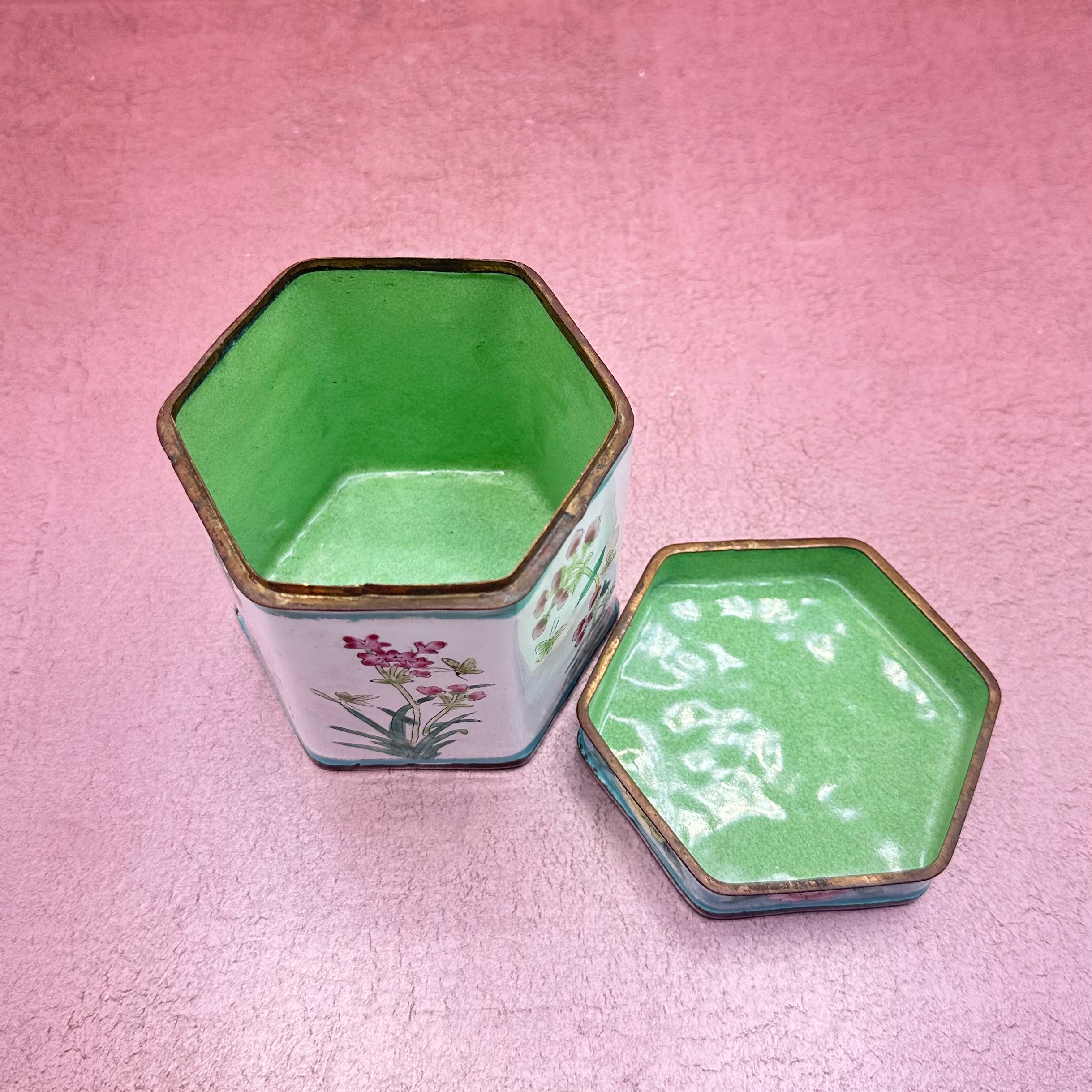 Cloisonné Lidded Floral Canister Aqua & White