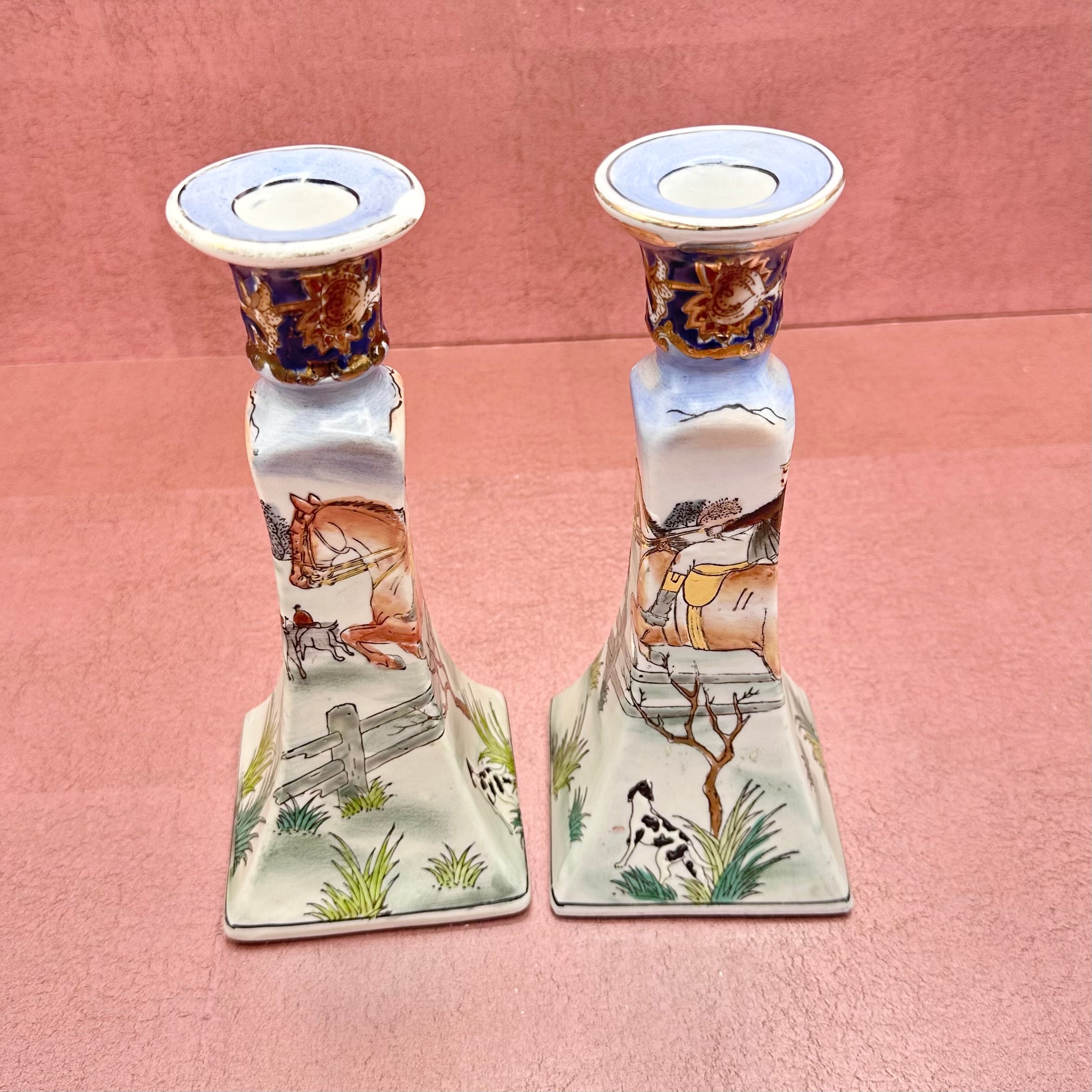 Vintage Fox Hunt Porcelain Candlestick Pair