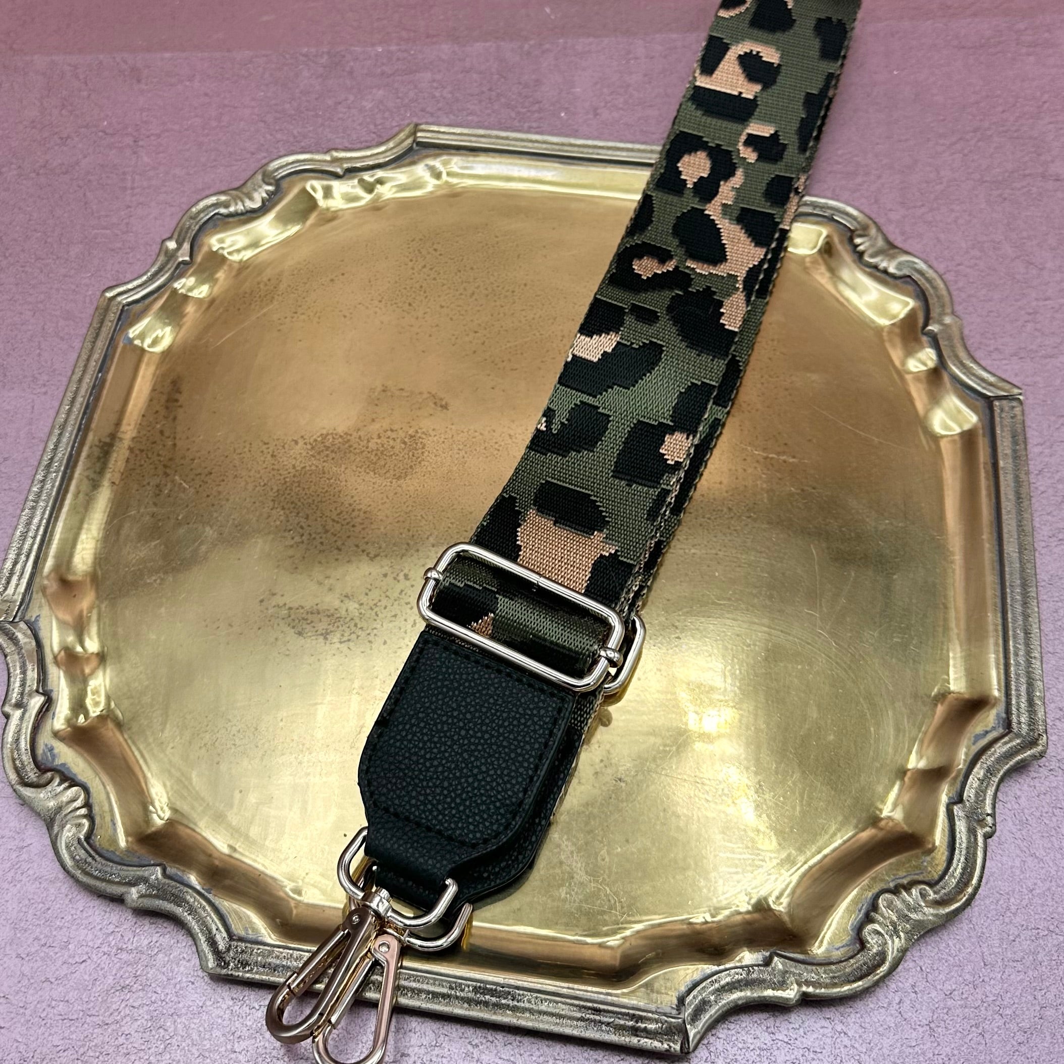 Green Gold Black Camo Purse Strap with Black Leather Accents