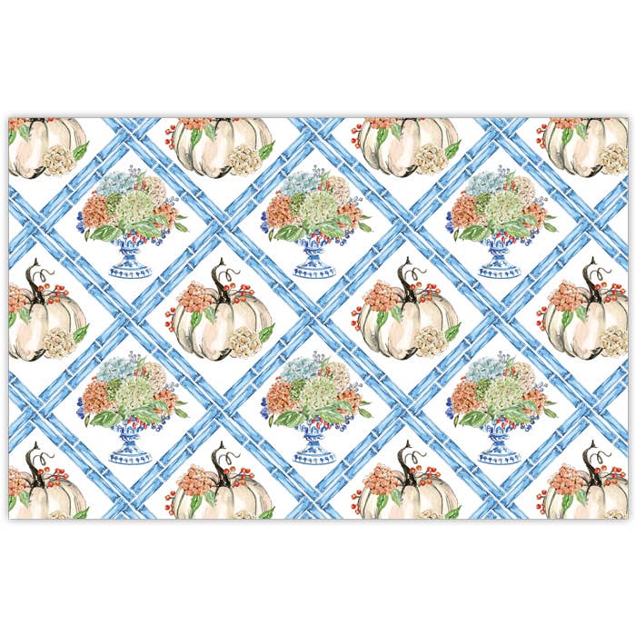 Hydrangeas and Pumpkins Blue Bamboo Trellis Placemat