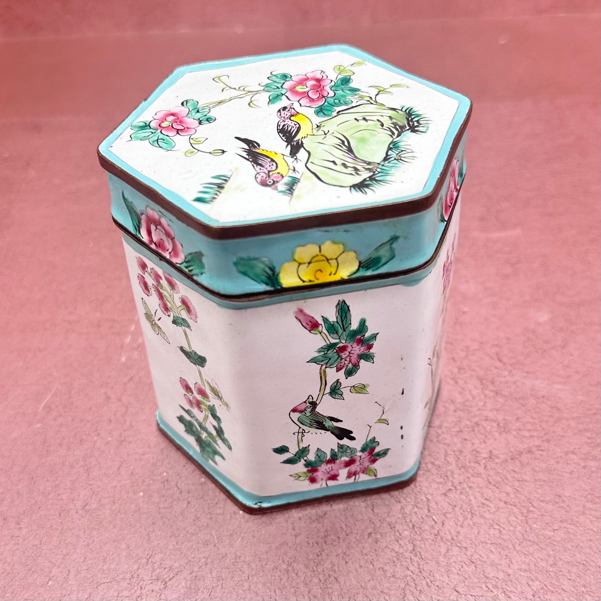 Cloisonné Lidded Floral Canister Aqua & White