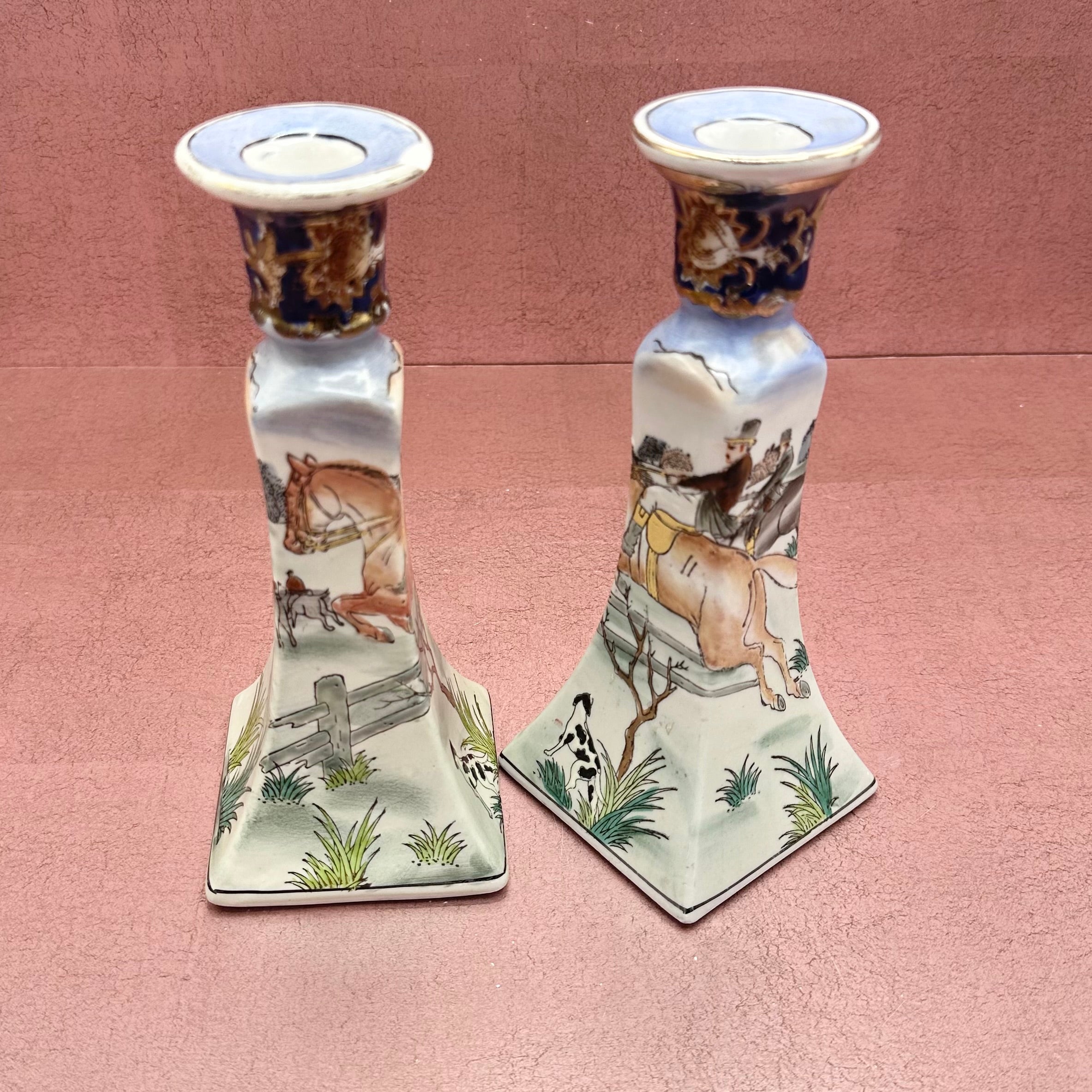 Vintage Fox Hunt Porcelain Candlestick Pair