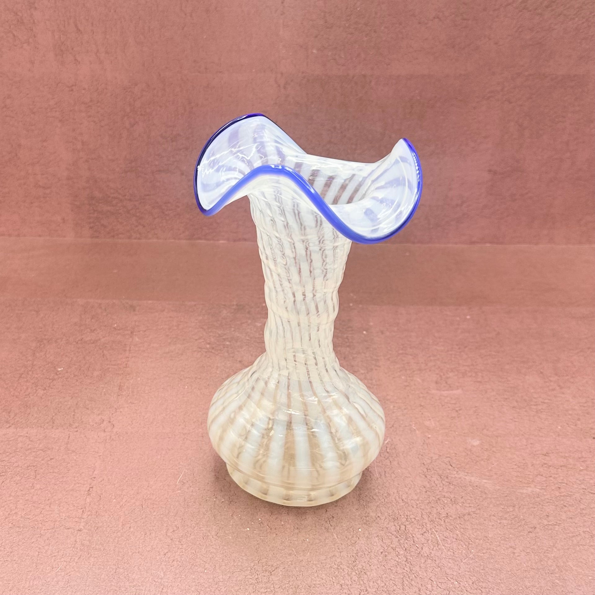 Fenton Opalescent Spiral Vase w/ Blue Edge