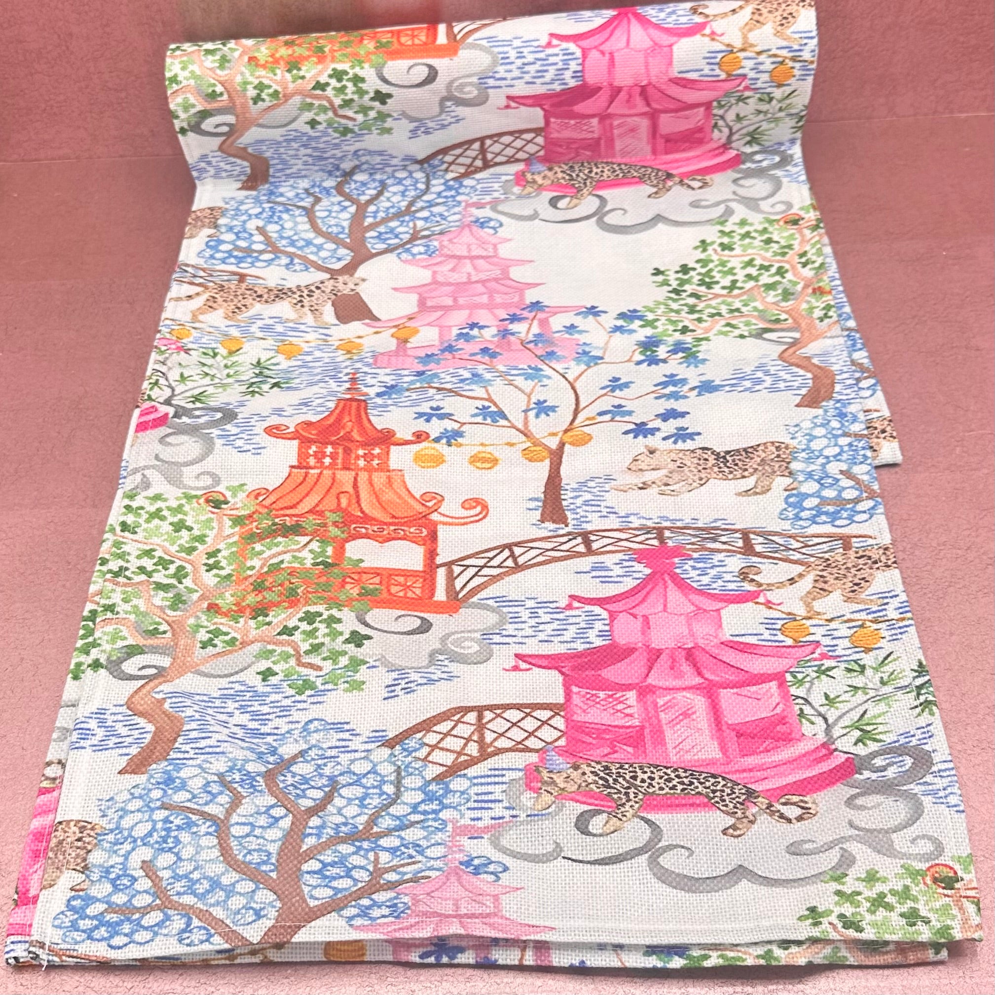 Chinoiserie Pagoda Print Table Runner