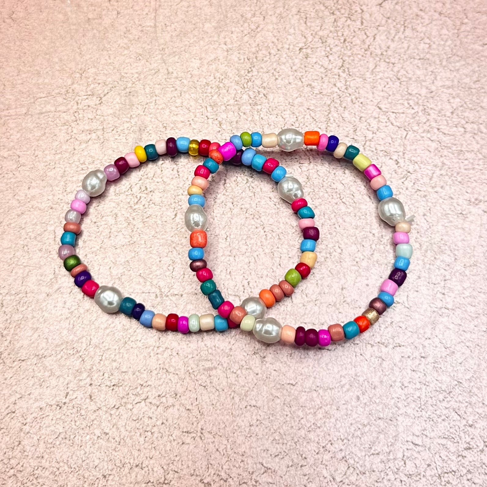Rainbow Bead & Pearl Stretch Bracelet Set