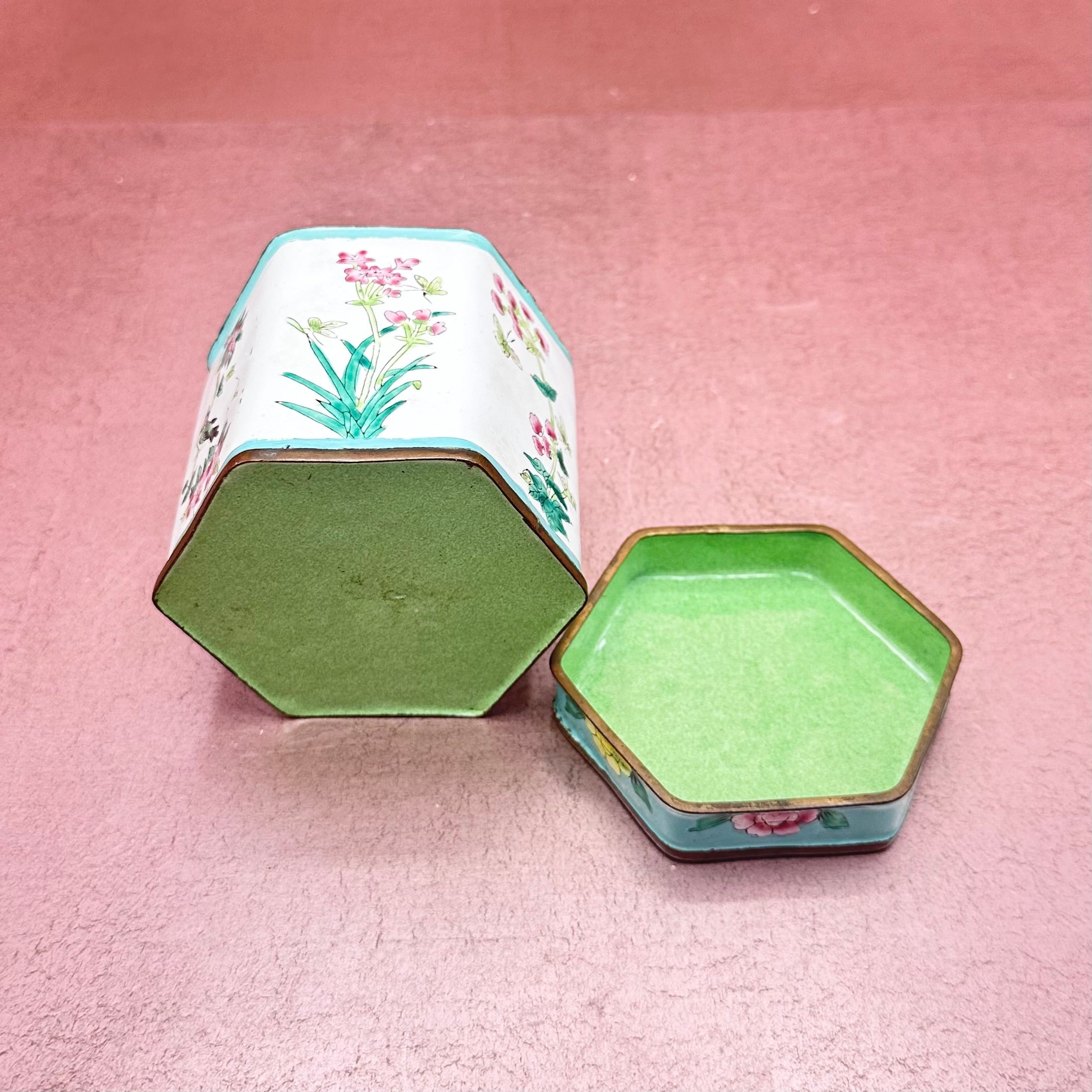 Cloisonné Lidded Floral Canister Aqua & White