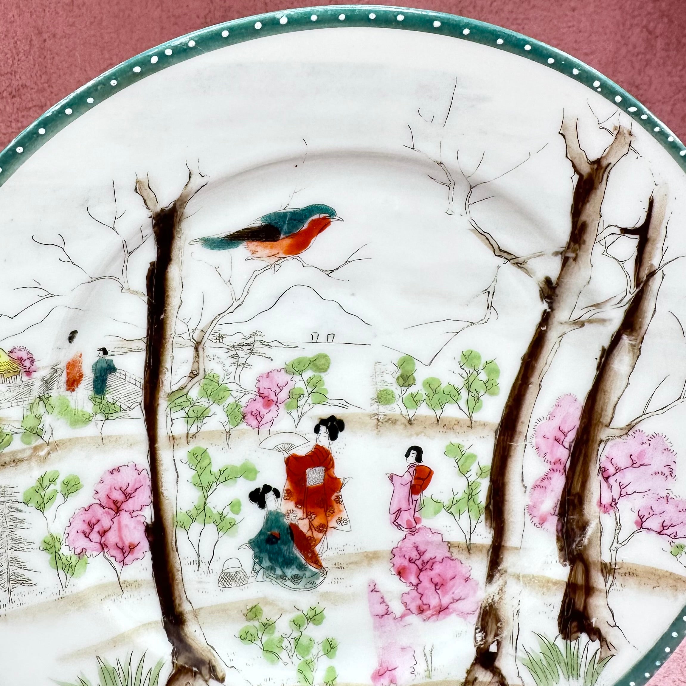 Vintage Plate w/ Teal Edge and Geishas