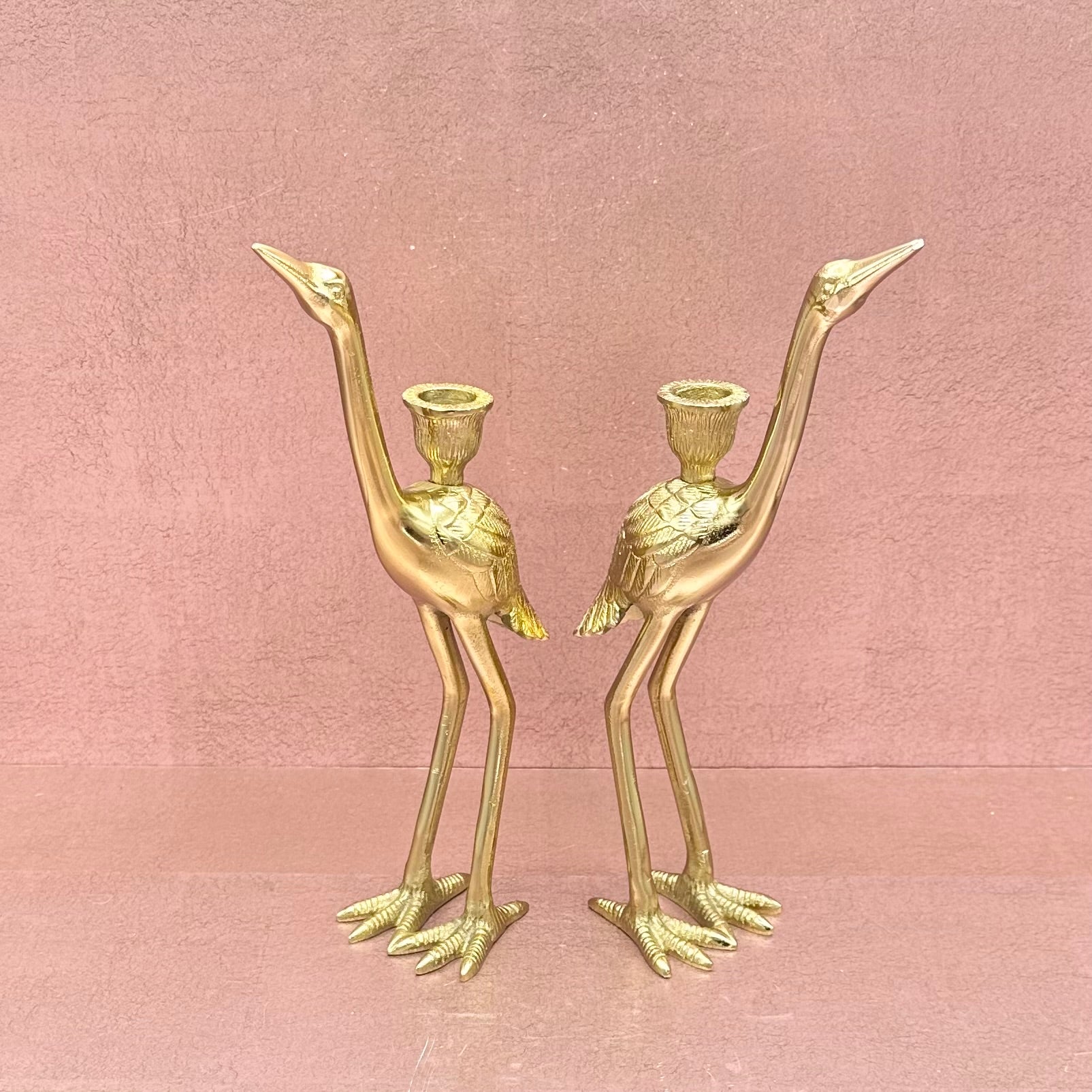 Gold Crane Candlestick Holder Pair