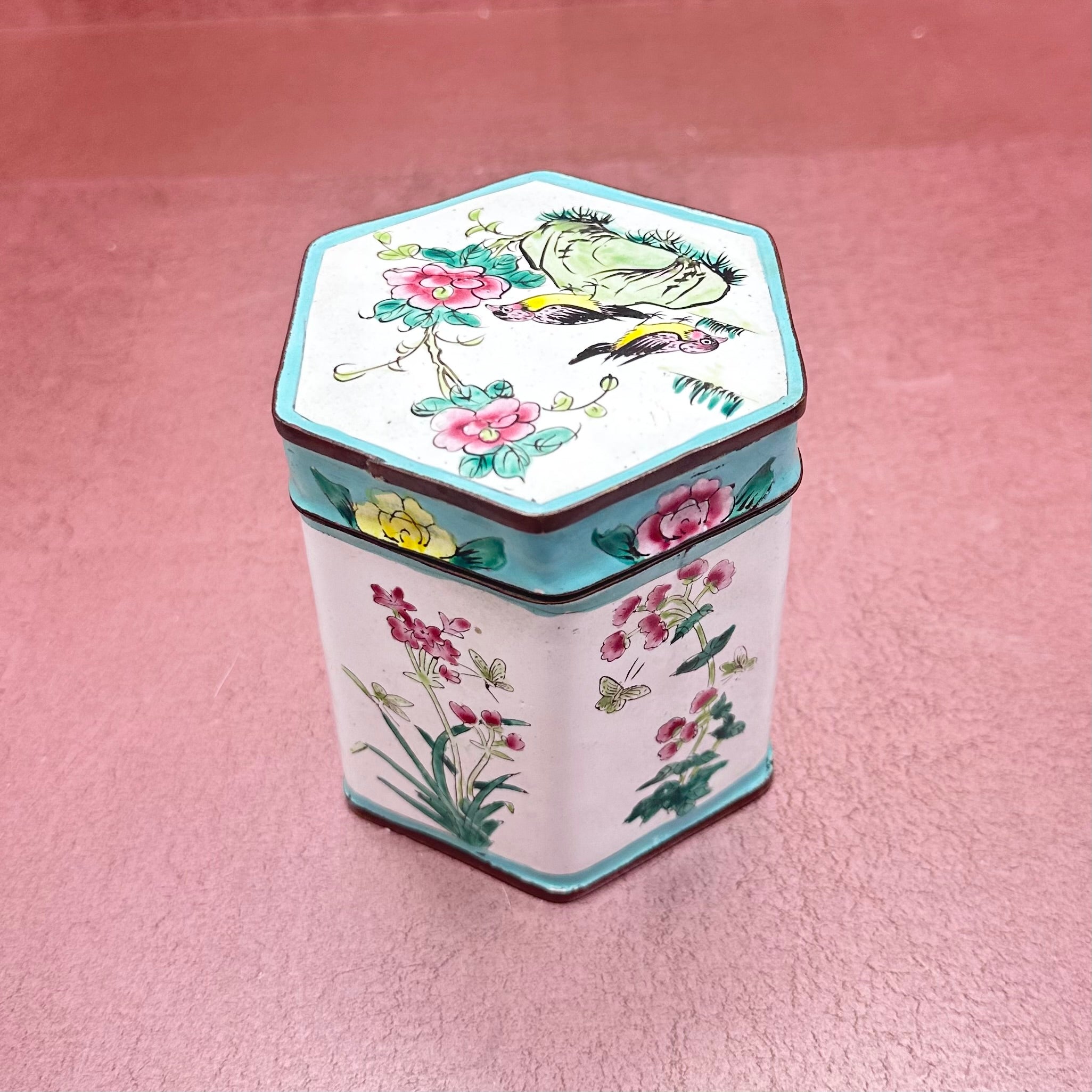 Cloisonné Lidded Floral Canister Aqua & White