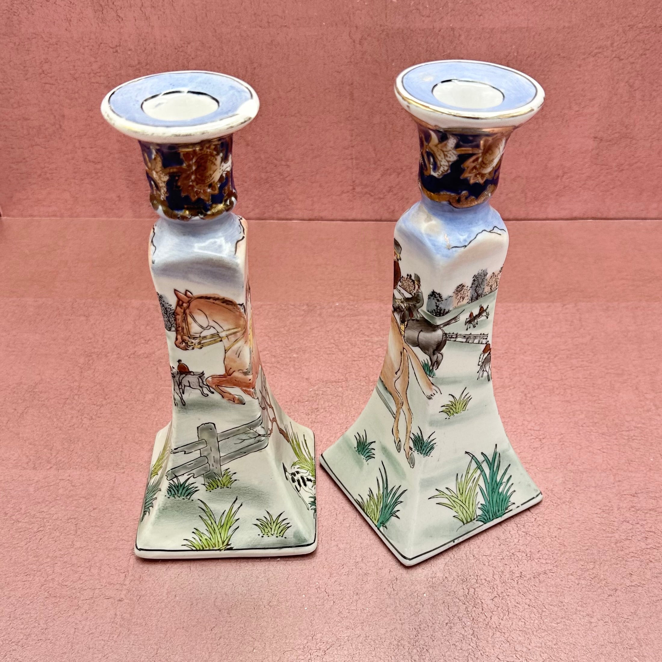 Vintage Fox Hunt Porcelain Candlestick Pair