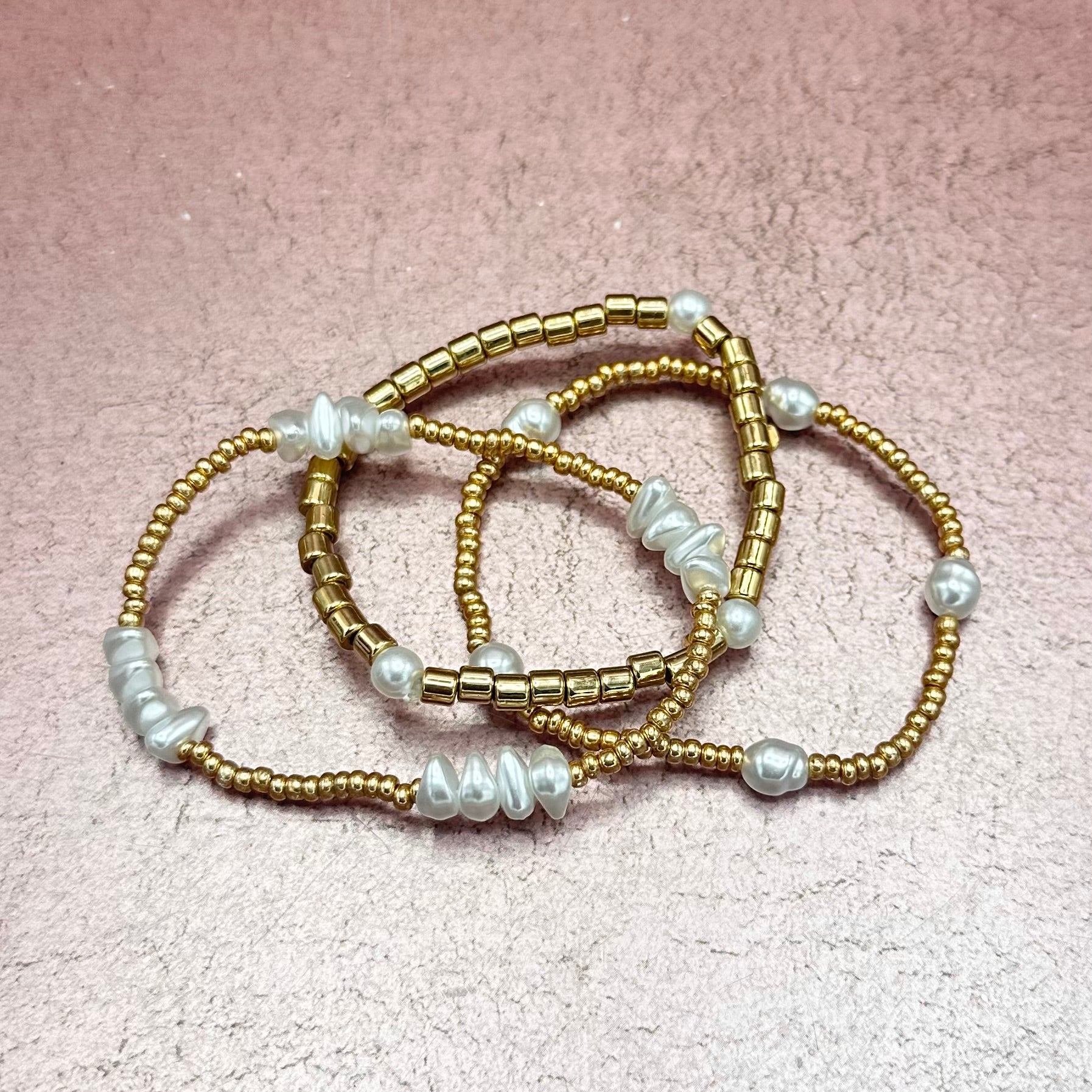 Gold Bead & Faux Pearl Bracelets