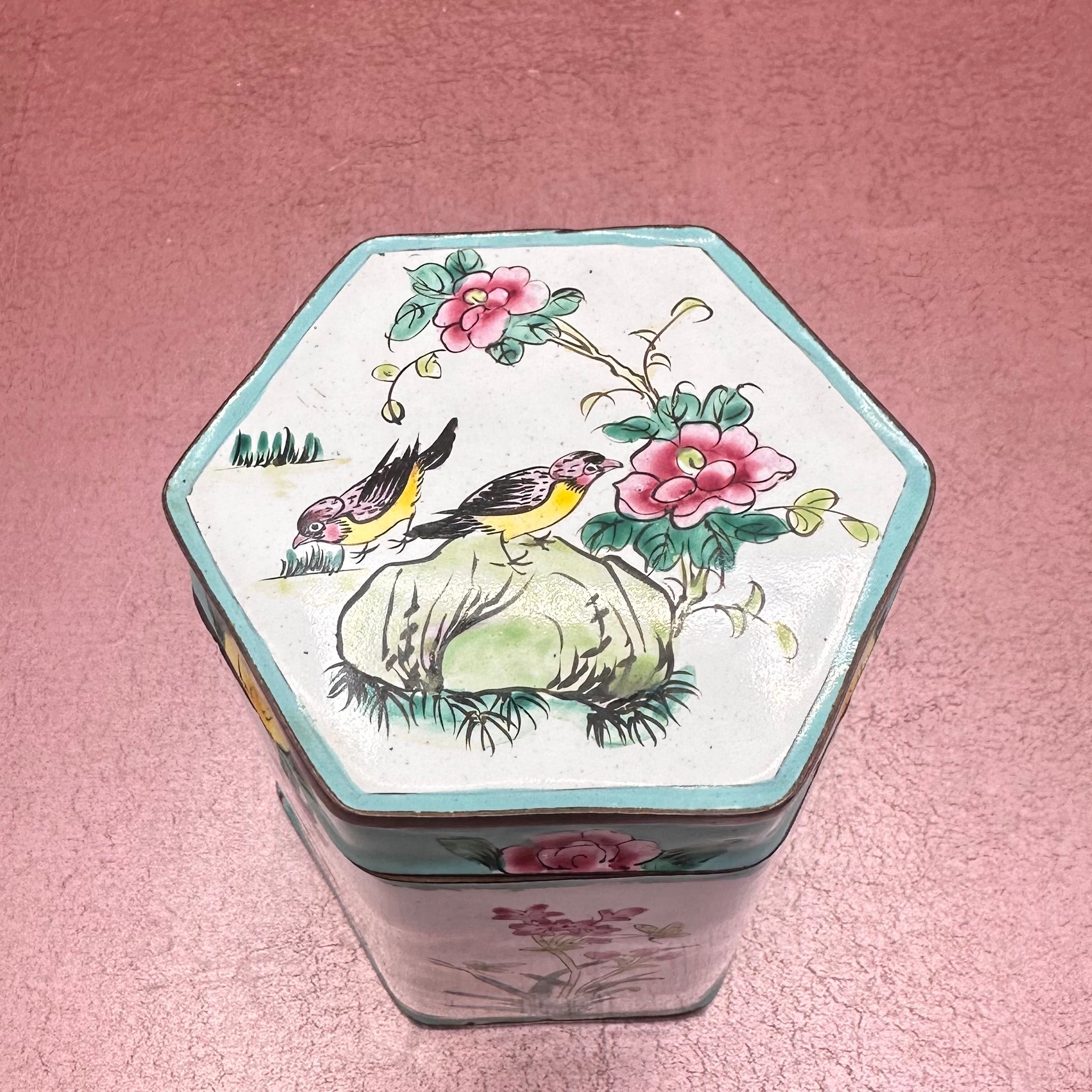 Cloisonné Lidded Floral Canister Aqua & White