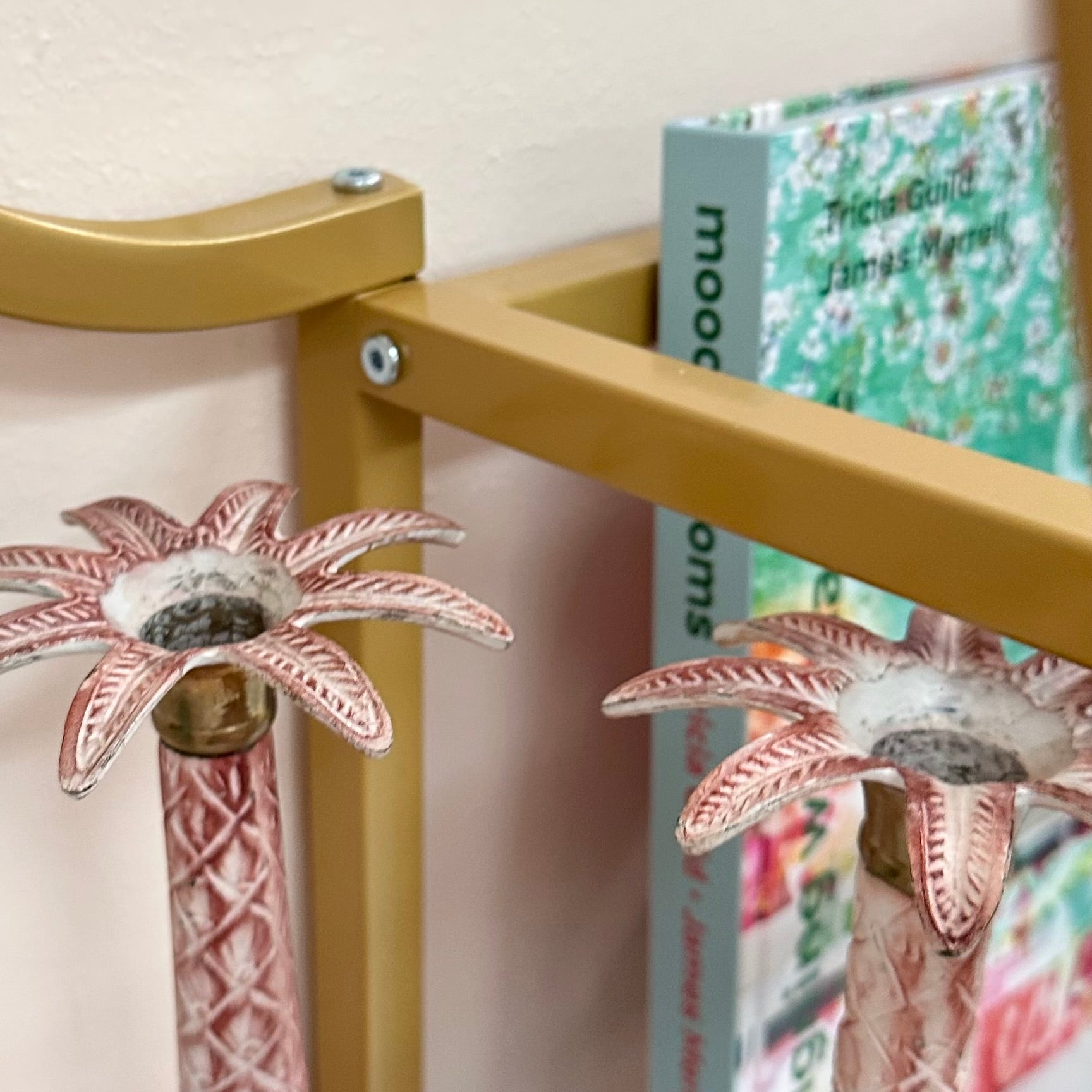 Pink Brass Palm Tree Candlestick Holders
