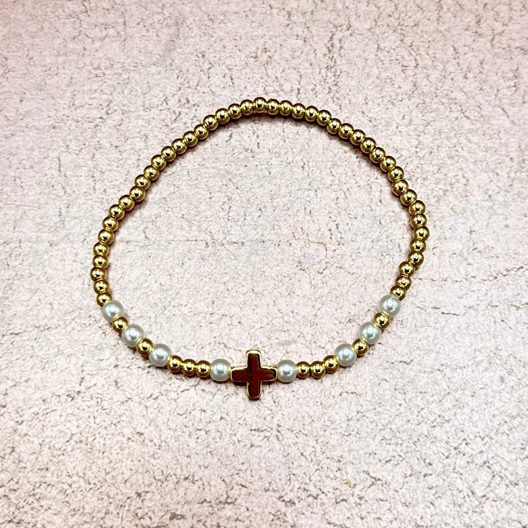 Gold Bead CZ Cross & Pearl Bracelet