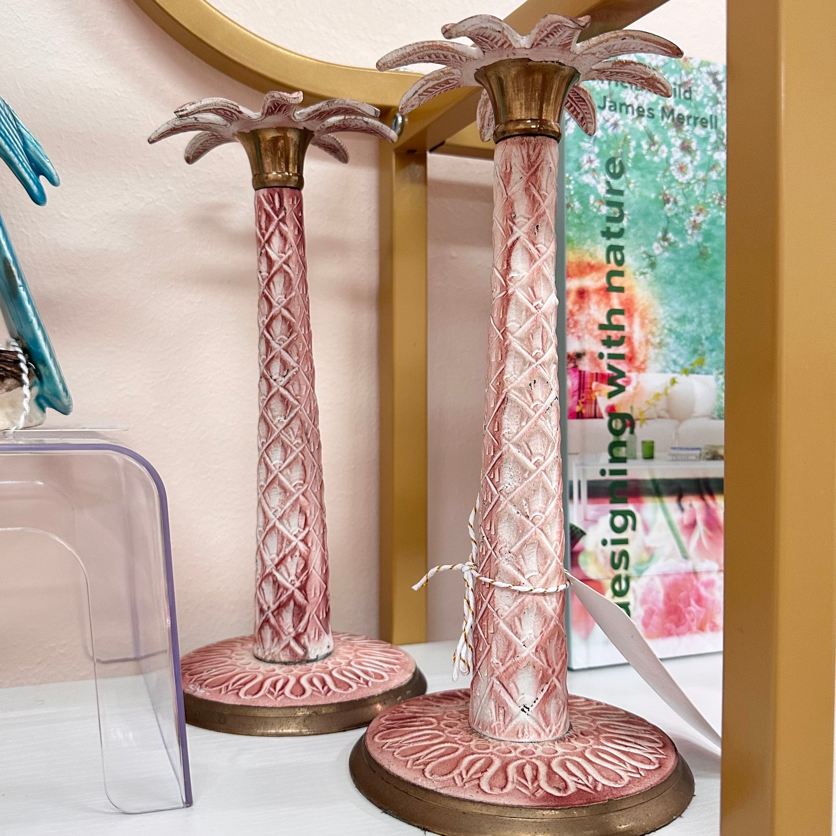 Pink Brass Palm Tree Candlestick Holders