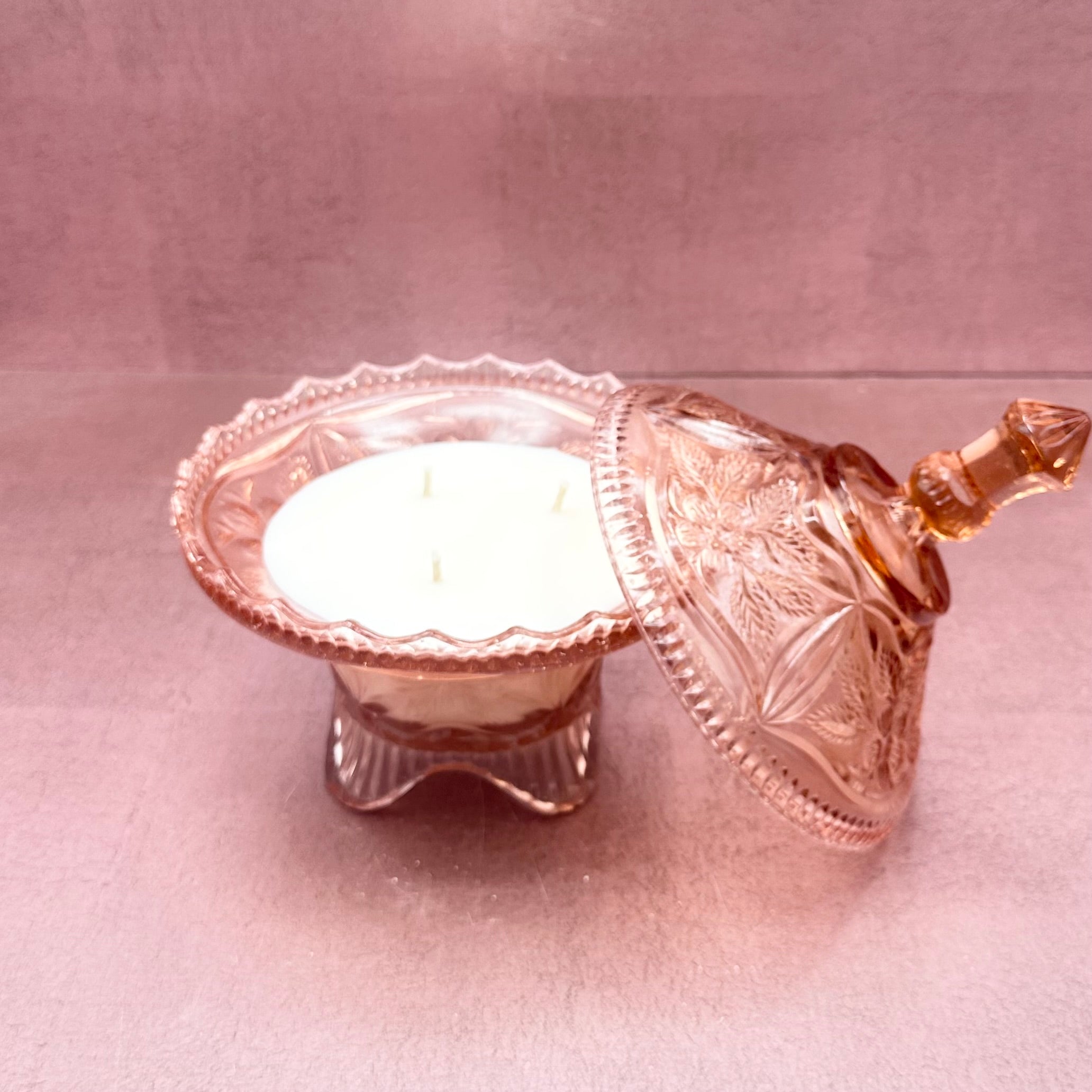 Pink Depression Glass Footed Lidded Candy Bowl Candle