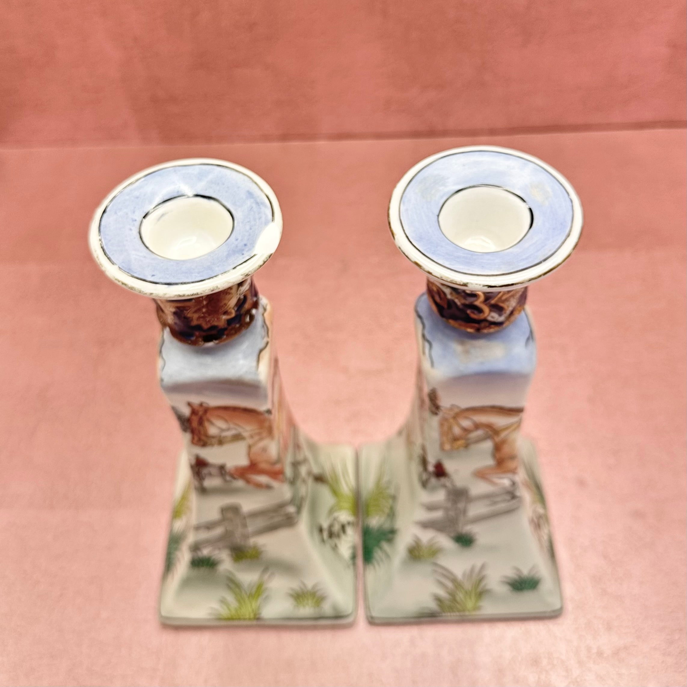 Vintage Fox Hunt Porcelain Candlestick Pair