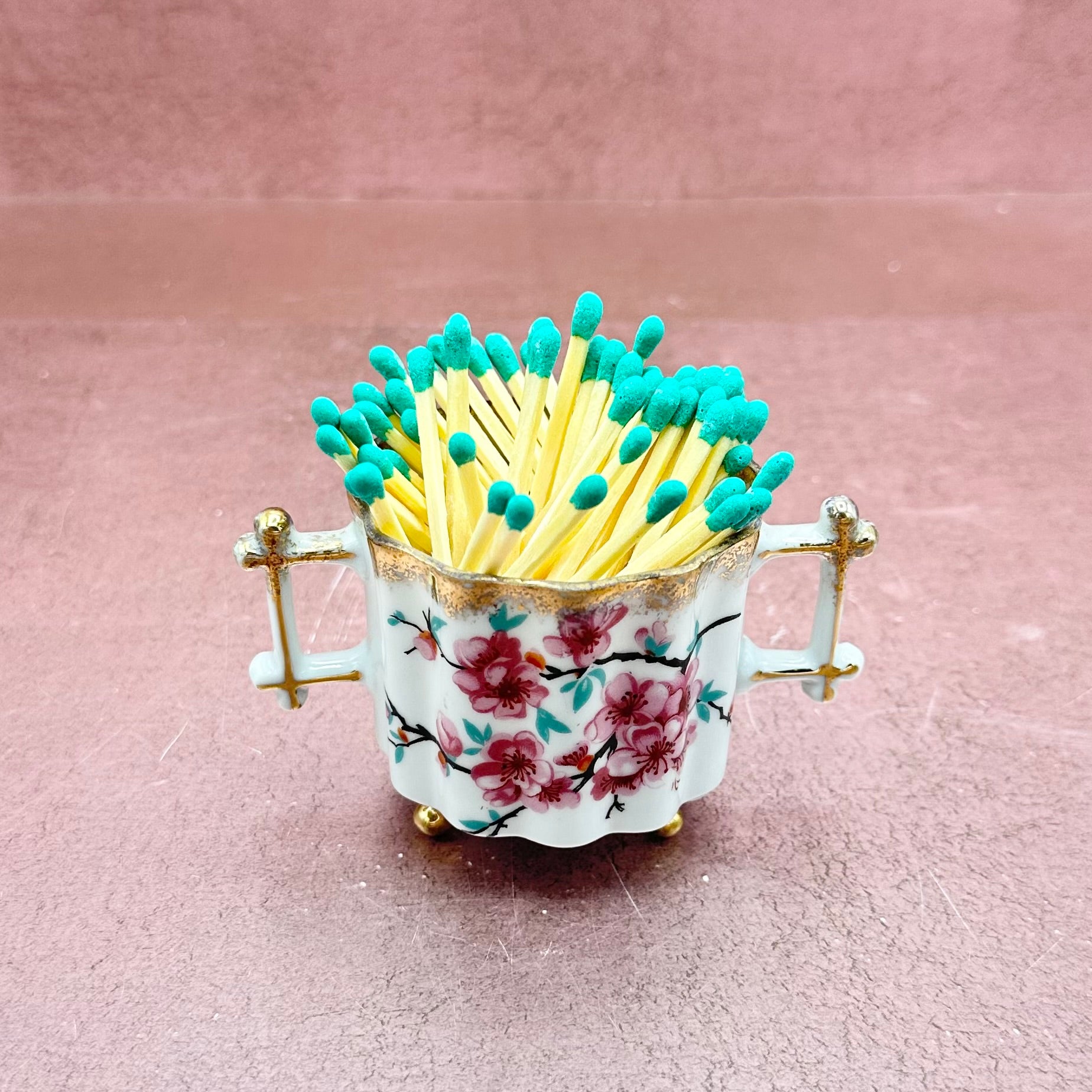 Footed Chinoiserie Floral Sugar Bowl Matchstriker