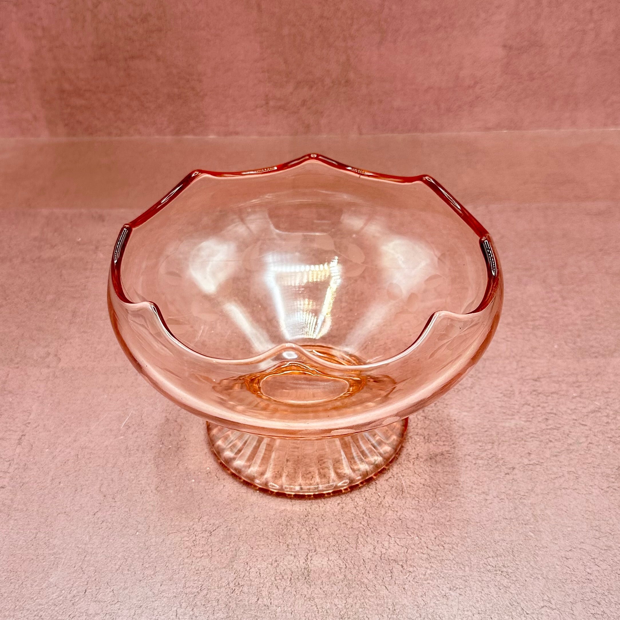 Pink Depression Glass Etched Pedestal Bowl