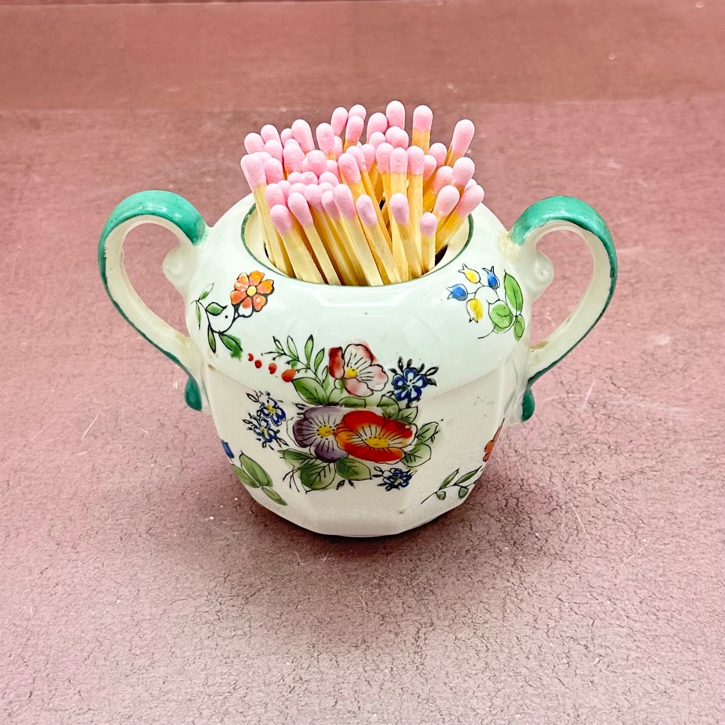 Floral Aqua Handled Sugar Bowl Matchstriker
